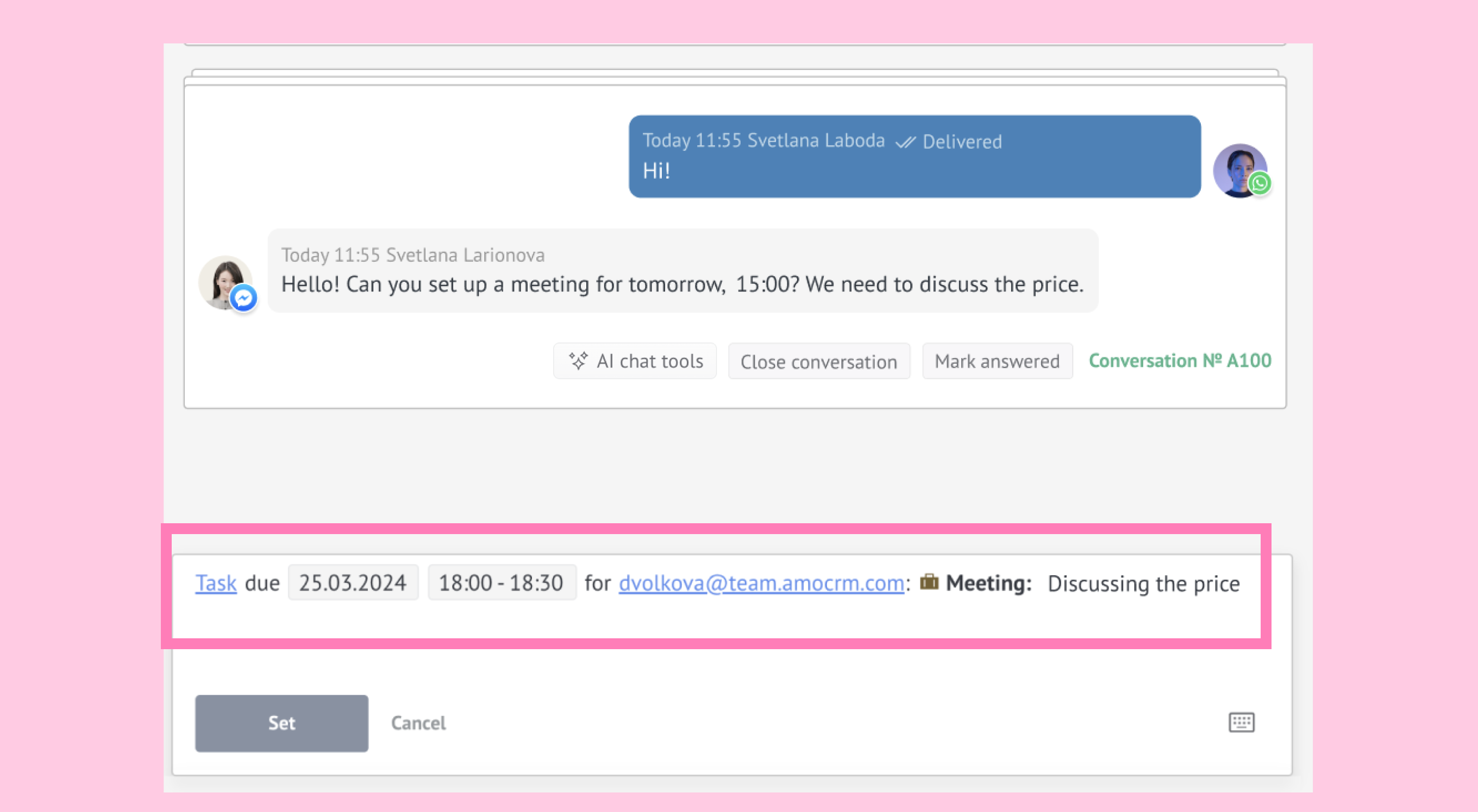 Suggested meeting task with its due date, time, and assignee.