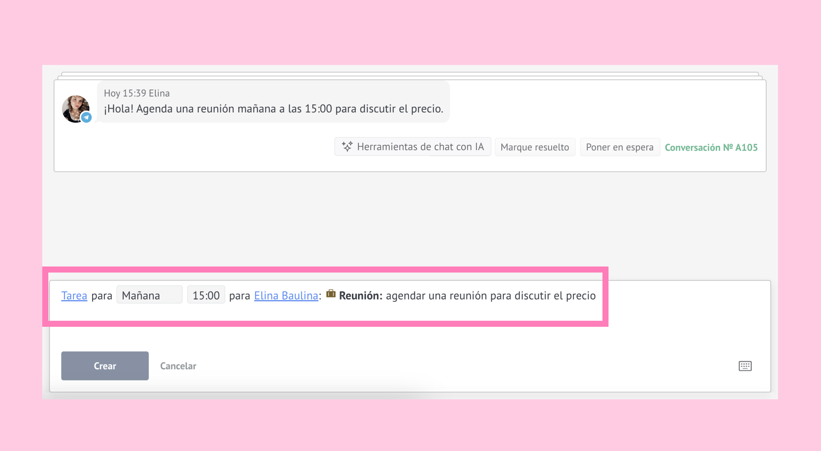 Chat message scheduling a meeting for tomorrow at 15:00 to discuss pricing.