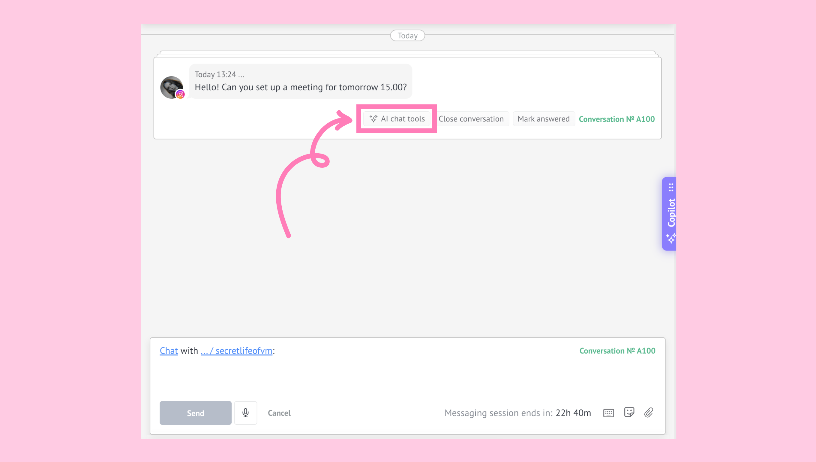 Task Suggestions displaying the Chat tools button highlighted in an open conversation.