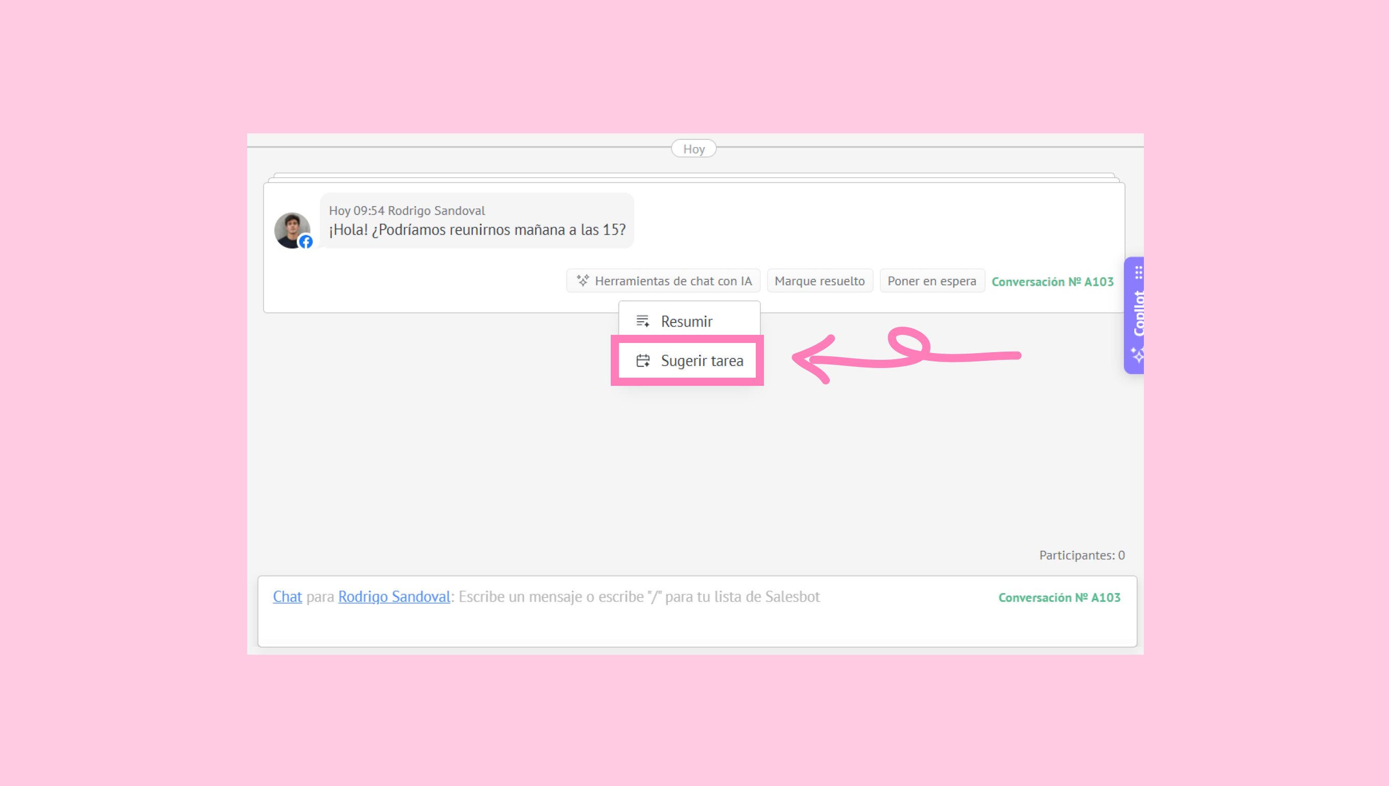 Chat interface showing a suggestion task option highlighted for user interaction.