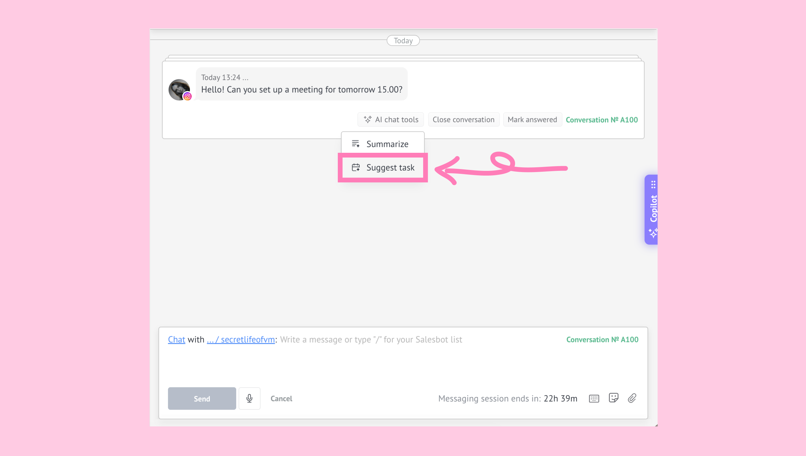 Task Suggestions displaying the Chat tools menu with the task suggestion option.