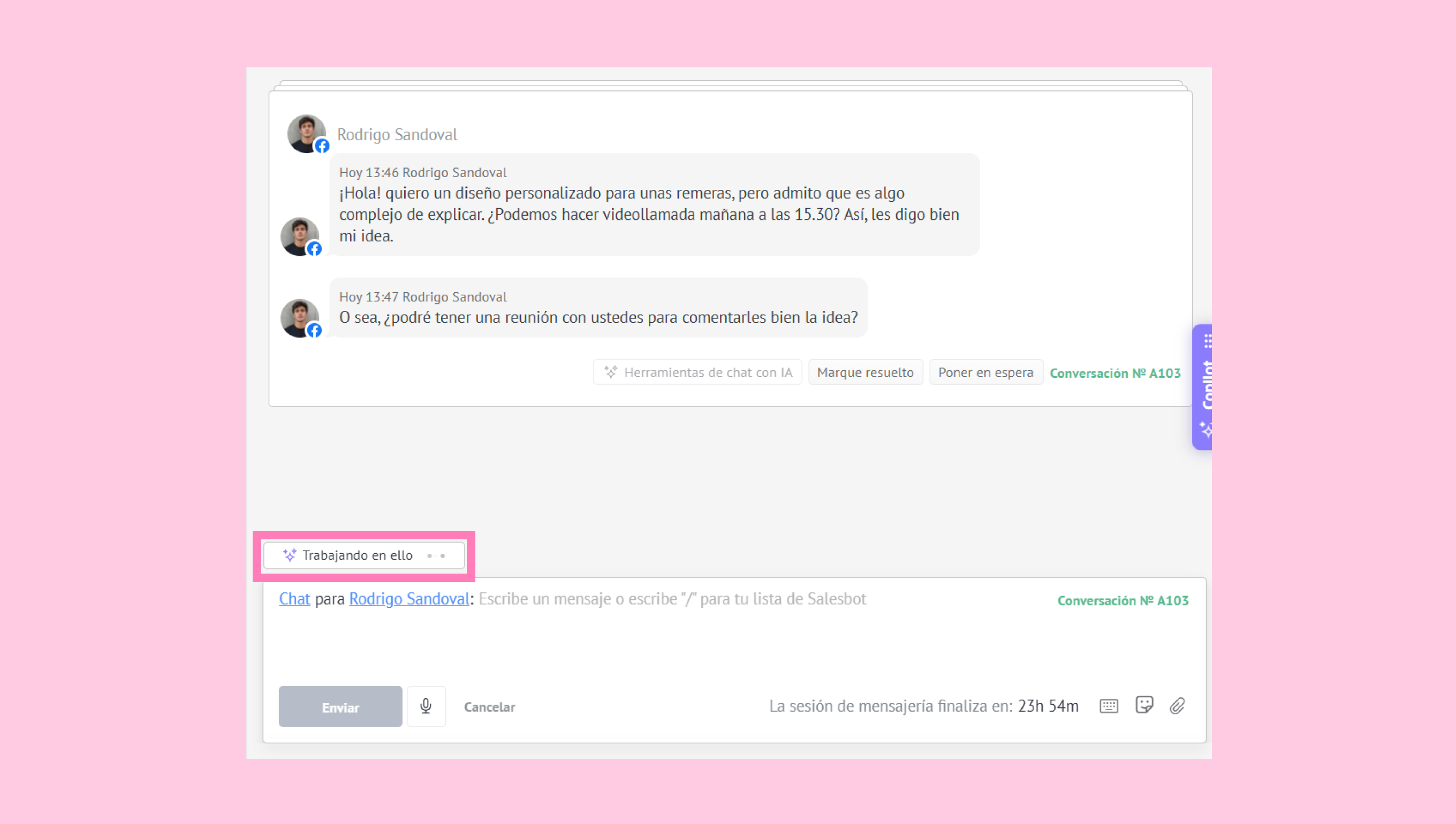 Chat conversation discussing a personalized design and scheduling a video call.