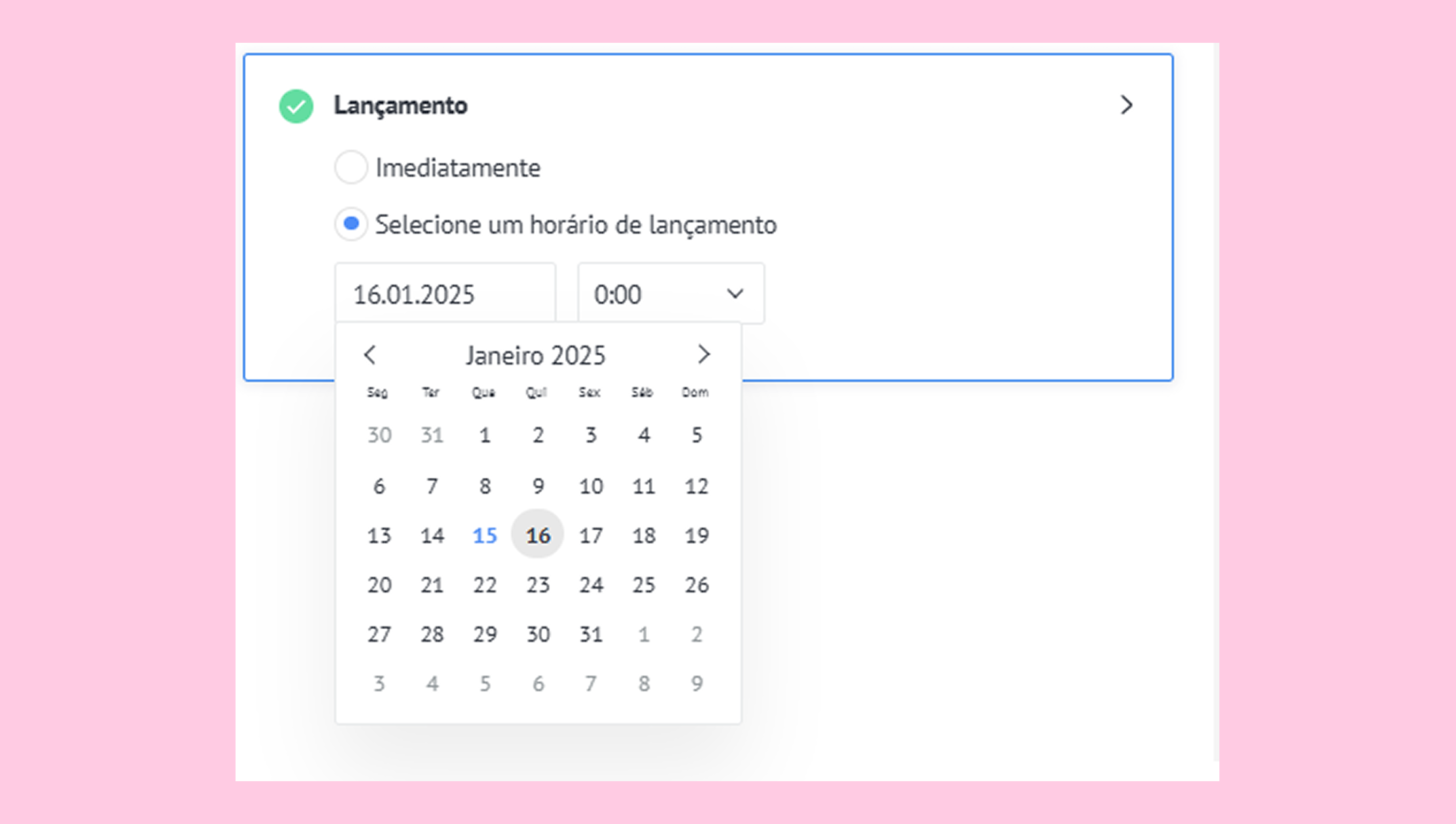Date selection interface for scheduling an event in January 2025.