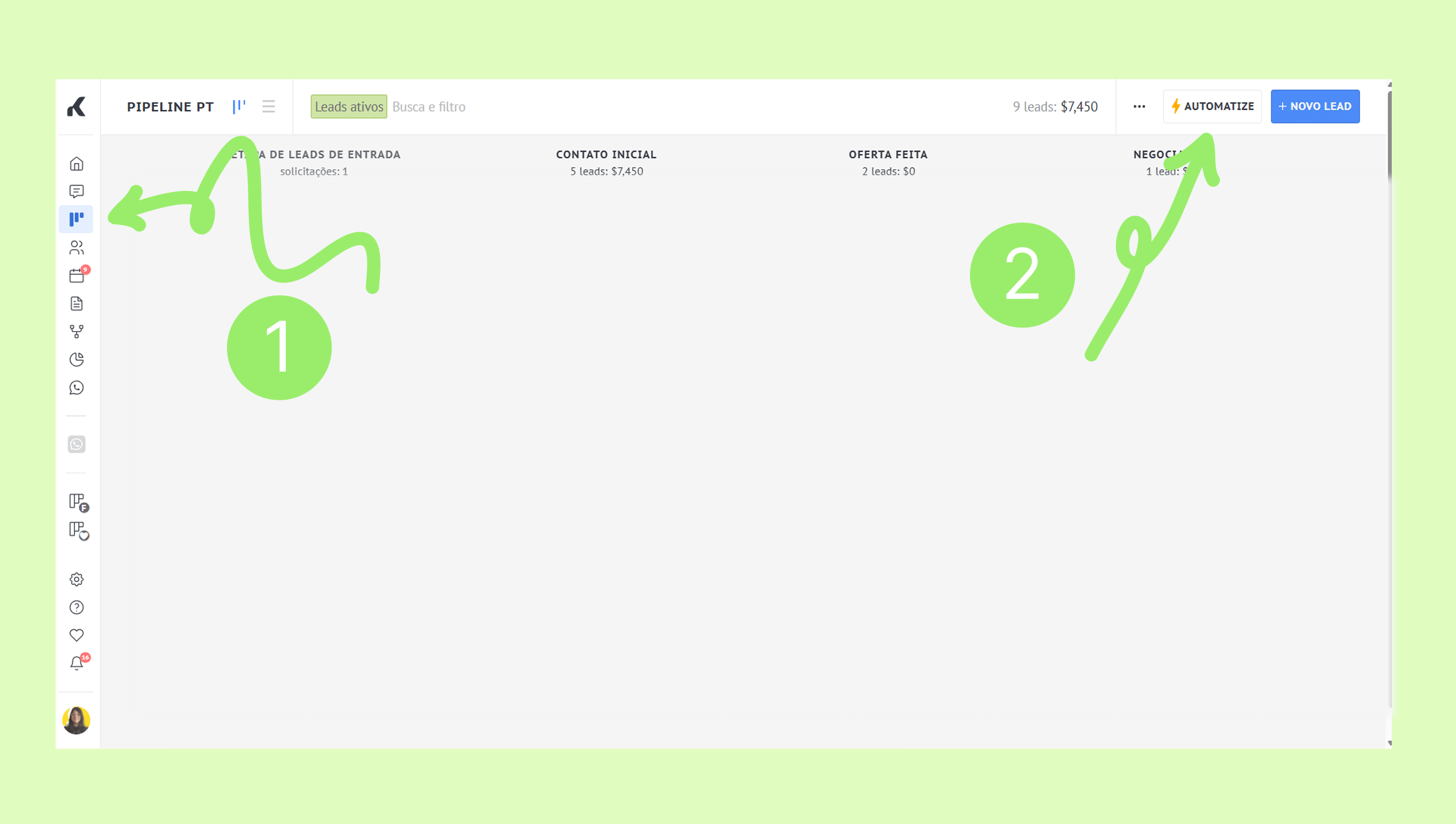 Dashboard showing lead pipeline with highlighted sections for leads and automation options.