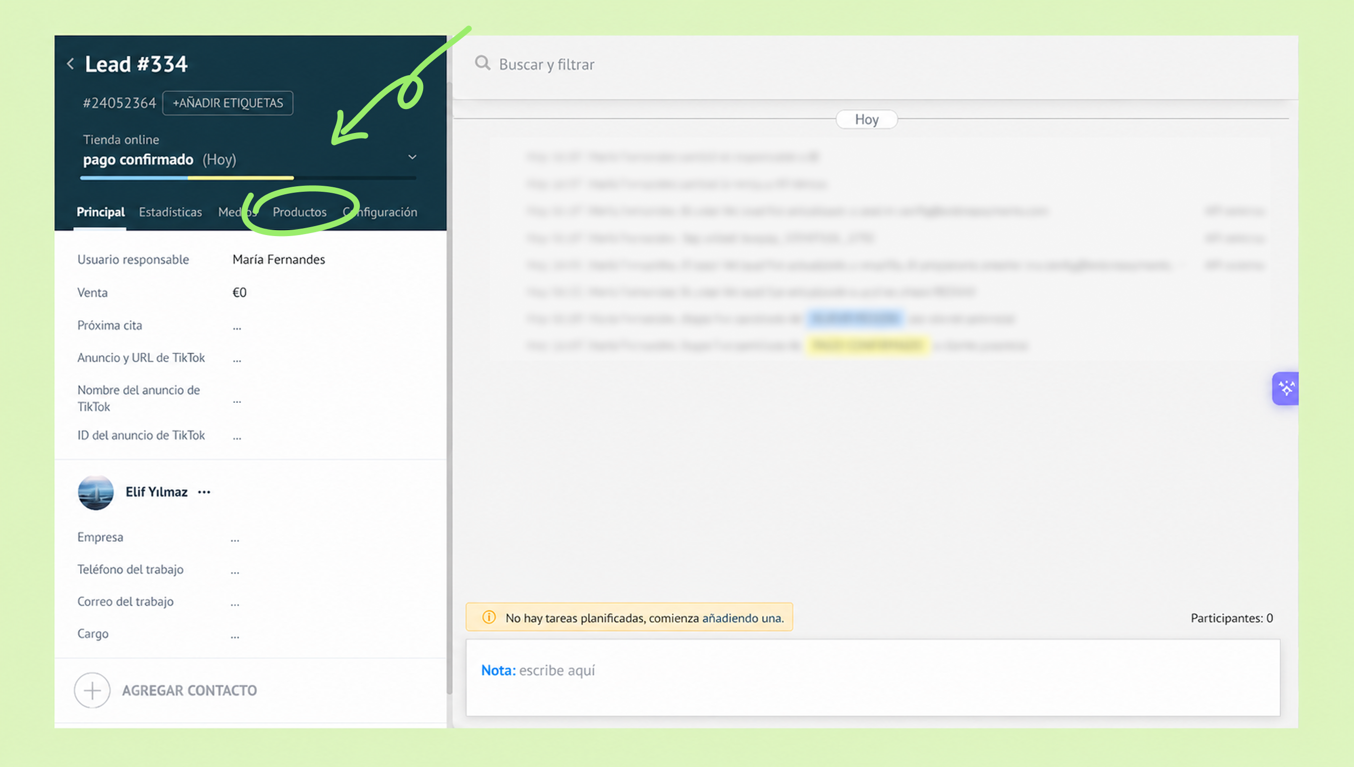 Lead details showing confirmed payment and user information for contact management.
