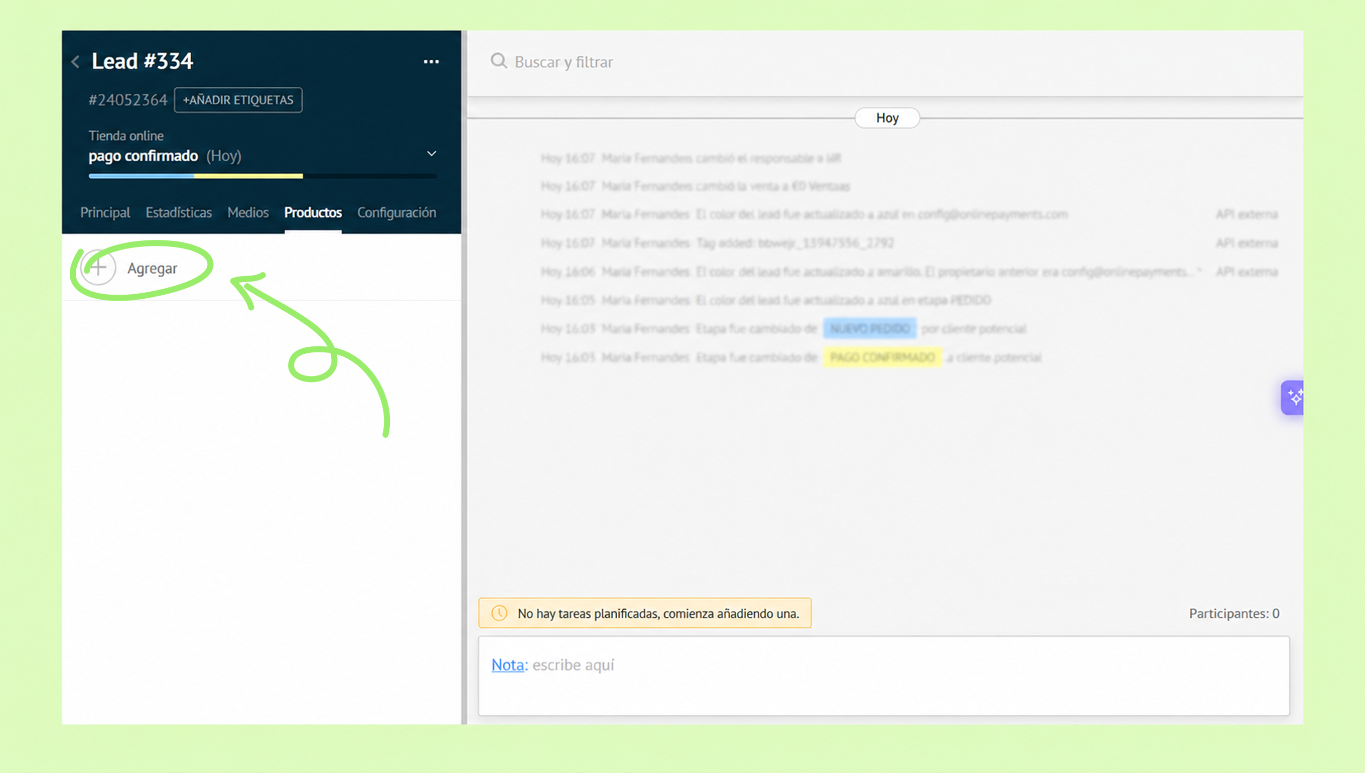 User interface showing a lead with options to add and view payment status.