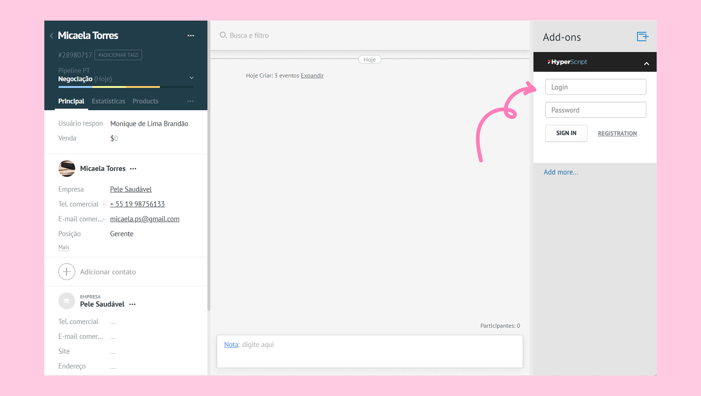 User profile and login section with highlighted login and password fields.