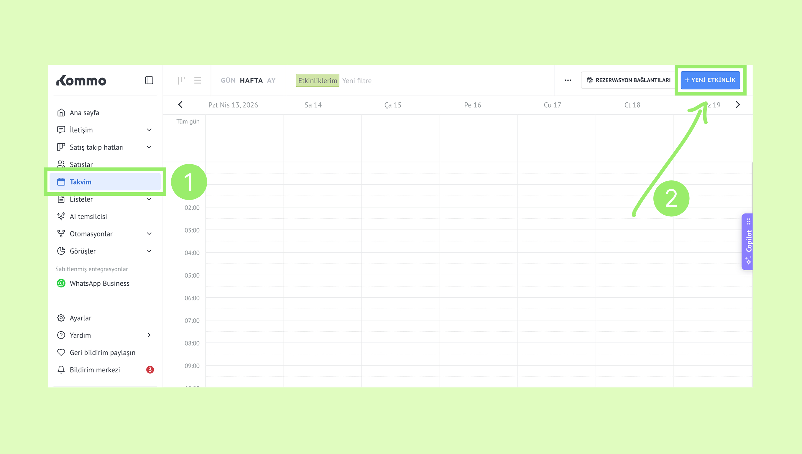 The interface shows a calendar with highlighted options for adding events and viewing activities.