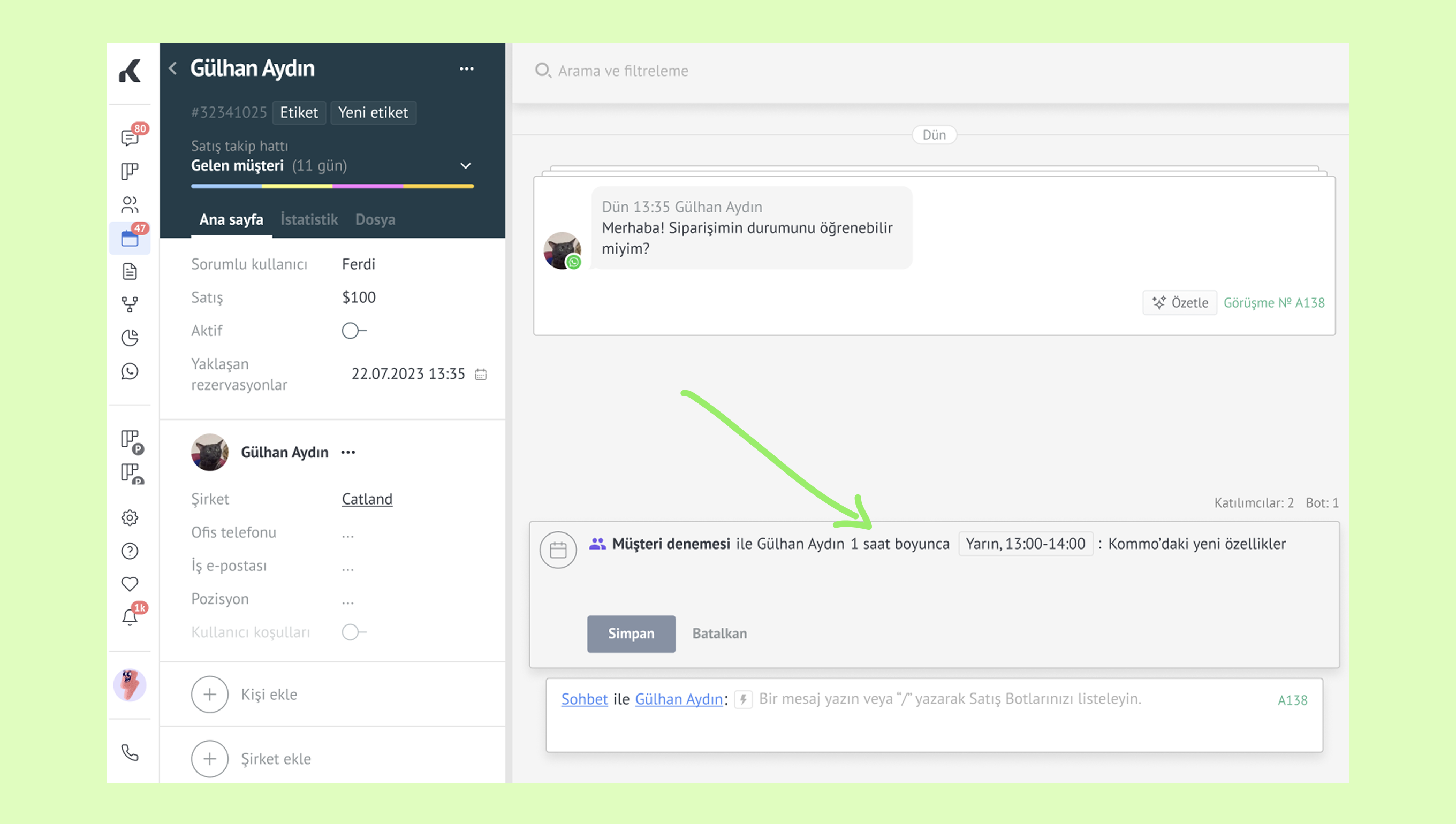 Chat interface showing a message about a customer appointment with Gülhan Aydın.