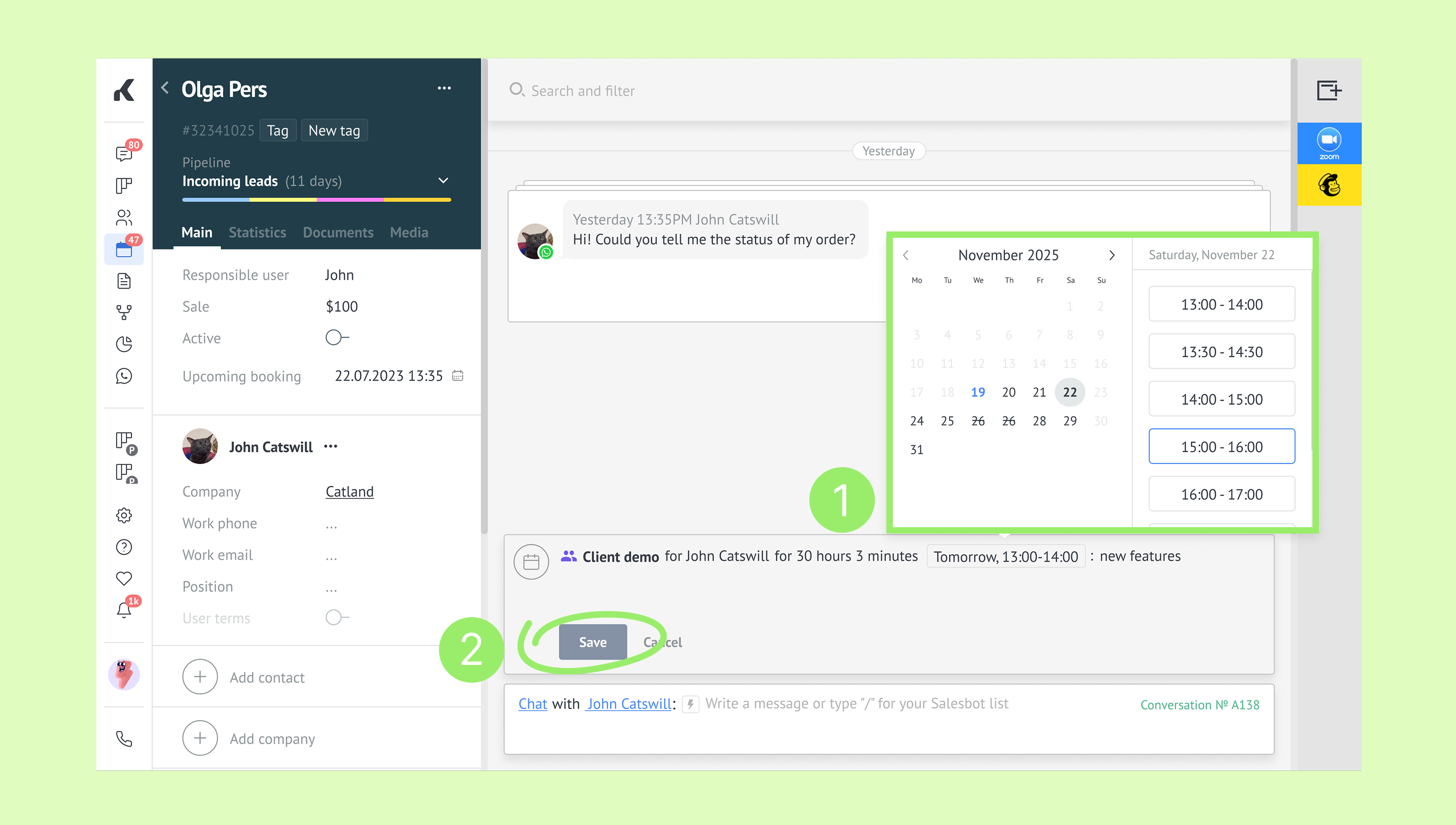User interface showing a chat with John Catswill and scheduling options for a meeting.