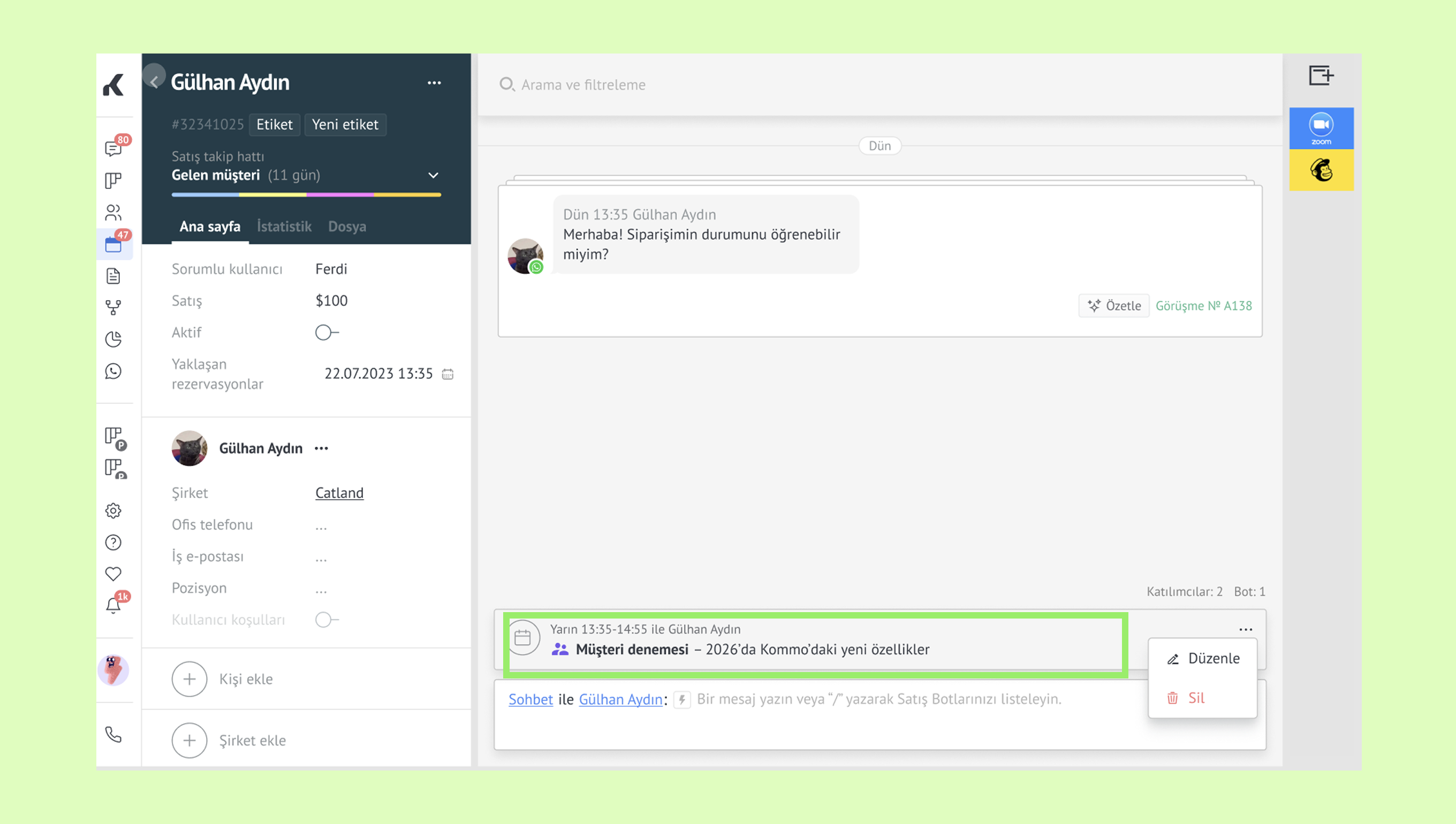 Chat interface showing customer inquiry and details about a recent order.