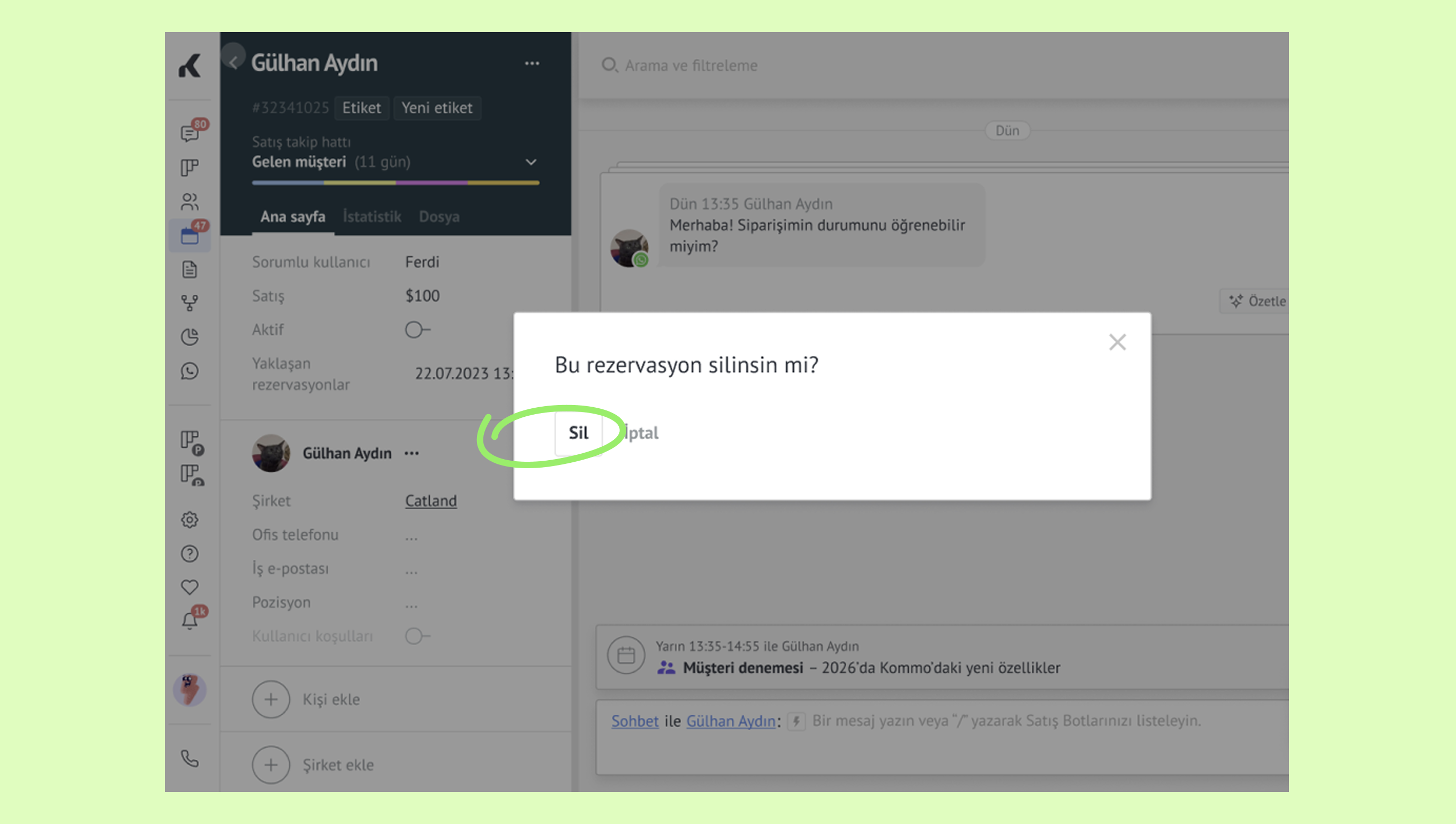 Confirmation prompt asking to delete a reservation in a messaging interface.