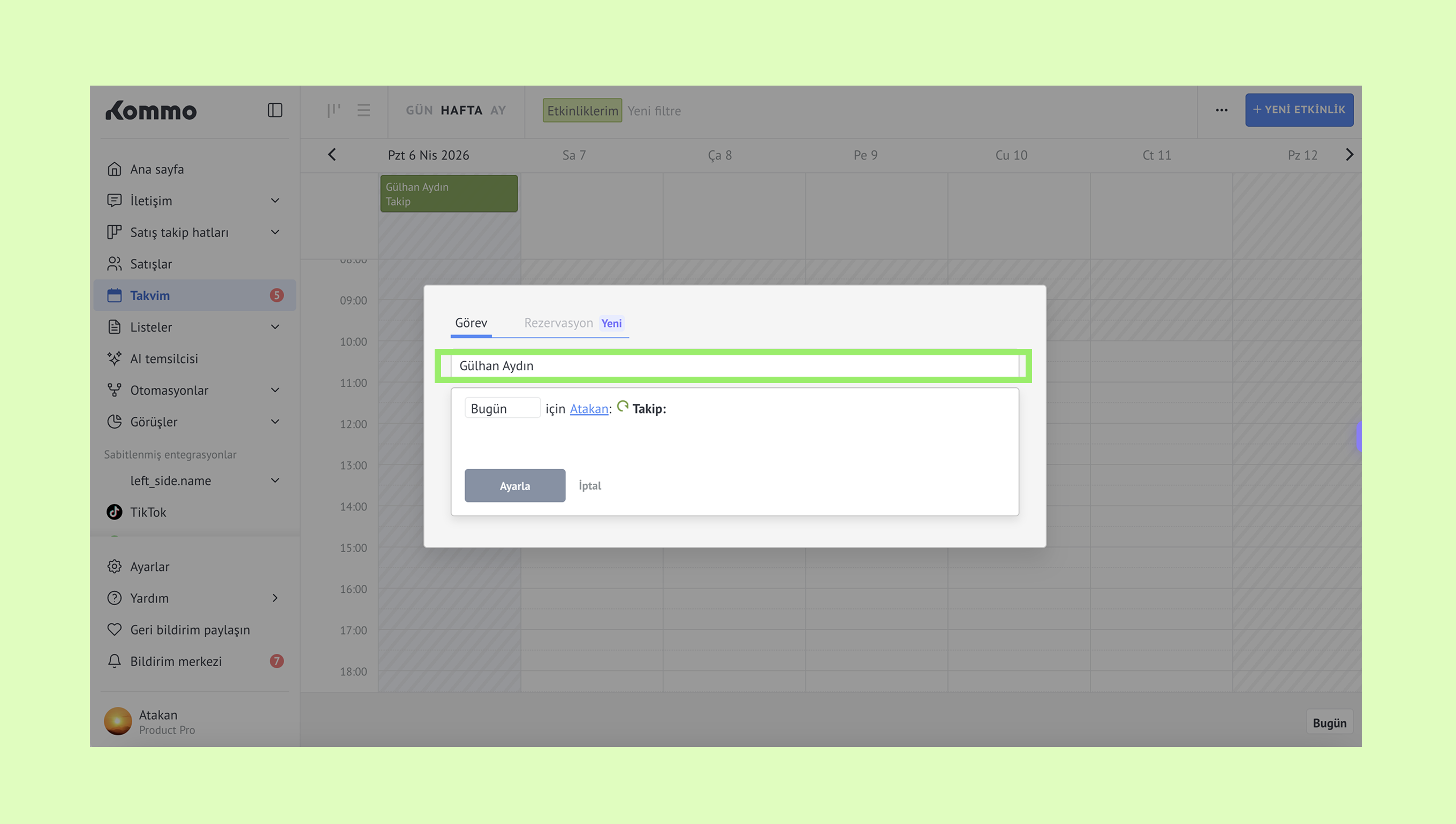 Task management interface showing user Gülhan Aydın and options for tracking tasks.