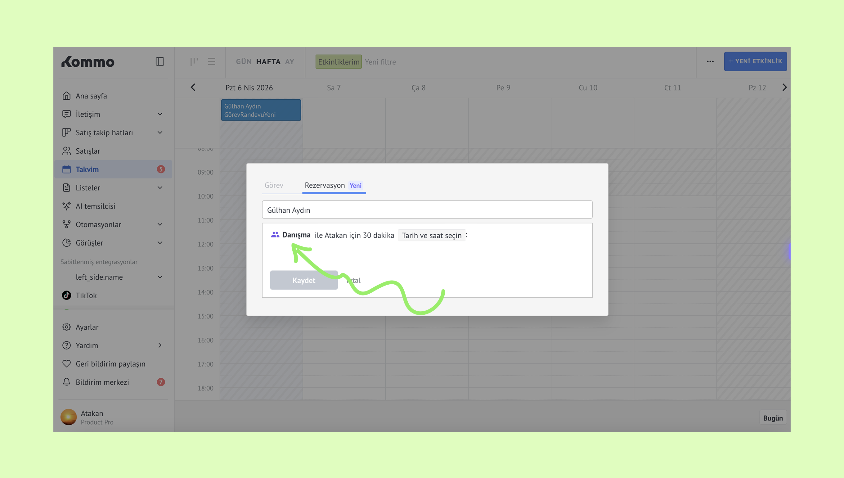 Scheduling a consultation with Atakan for 30 minutes in the calendar interface.