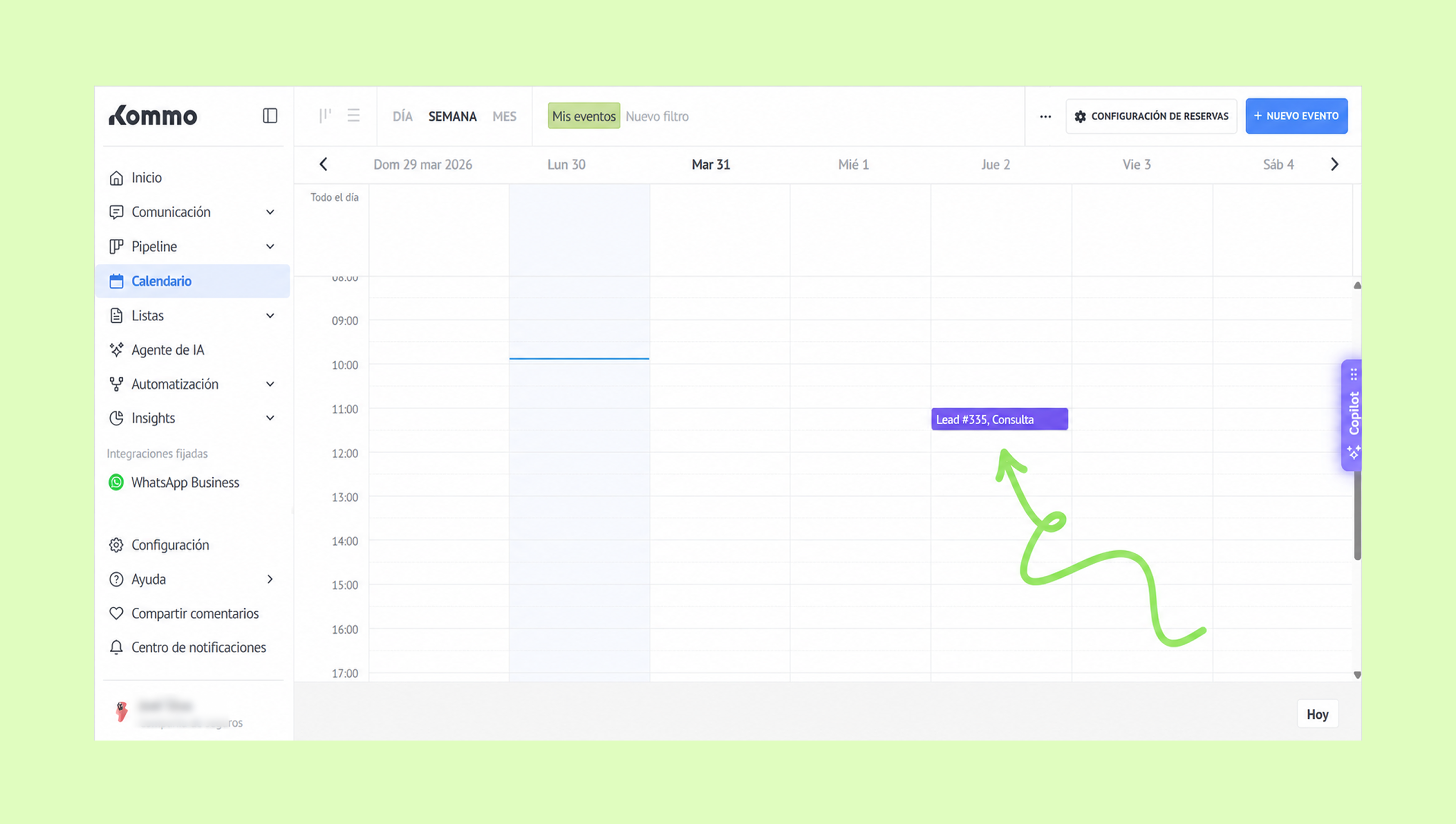 Calendar view showing scheduled event for Lead #335, Consulta on March 31.