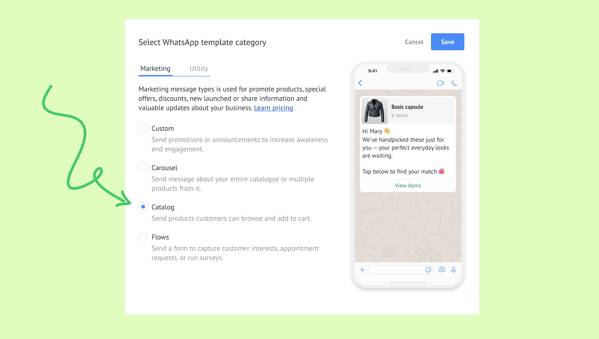 Selecting WhatsApp template category with options for marketing message types displayed.