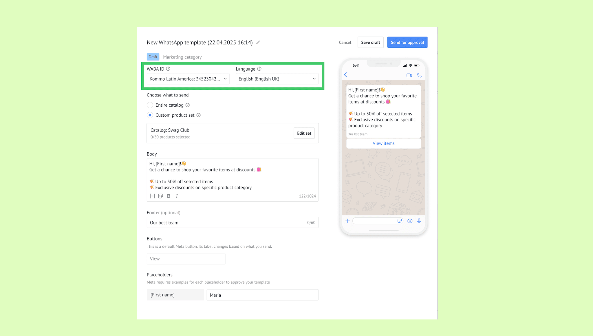 WhatsApp template draft showing WABA ID and discount offers for products.