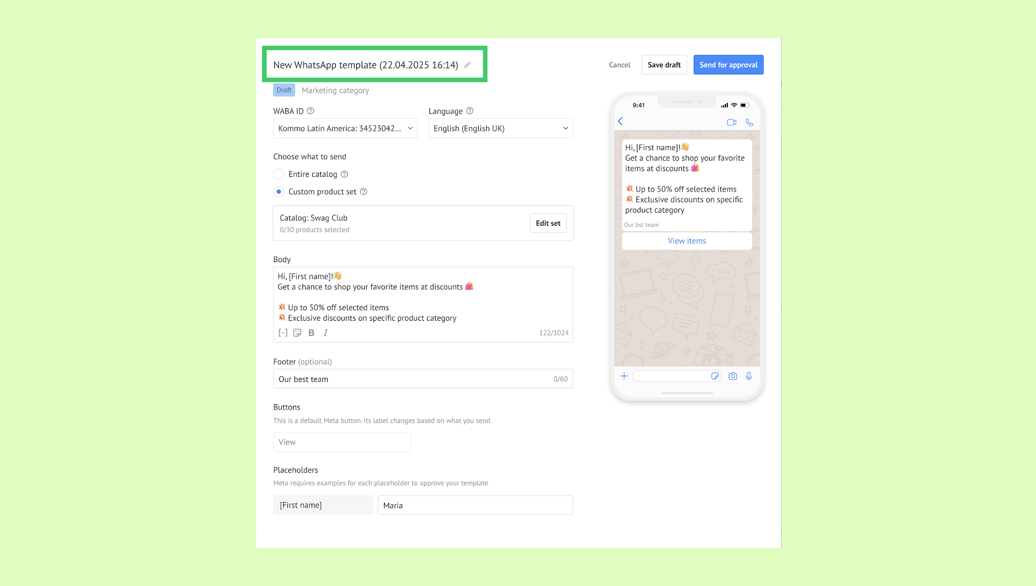 WhatsApp template draft showcasing discounts and product selection options for marketing.