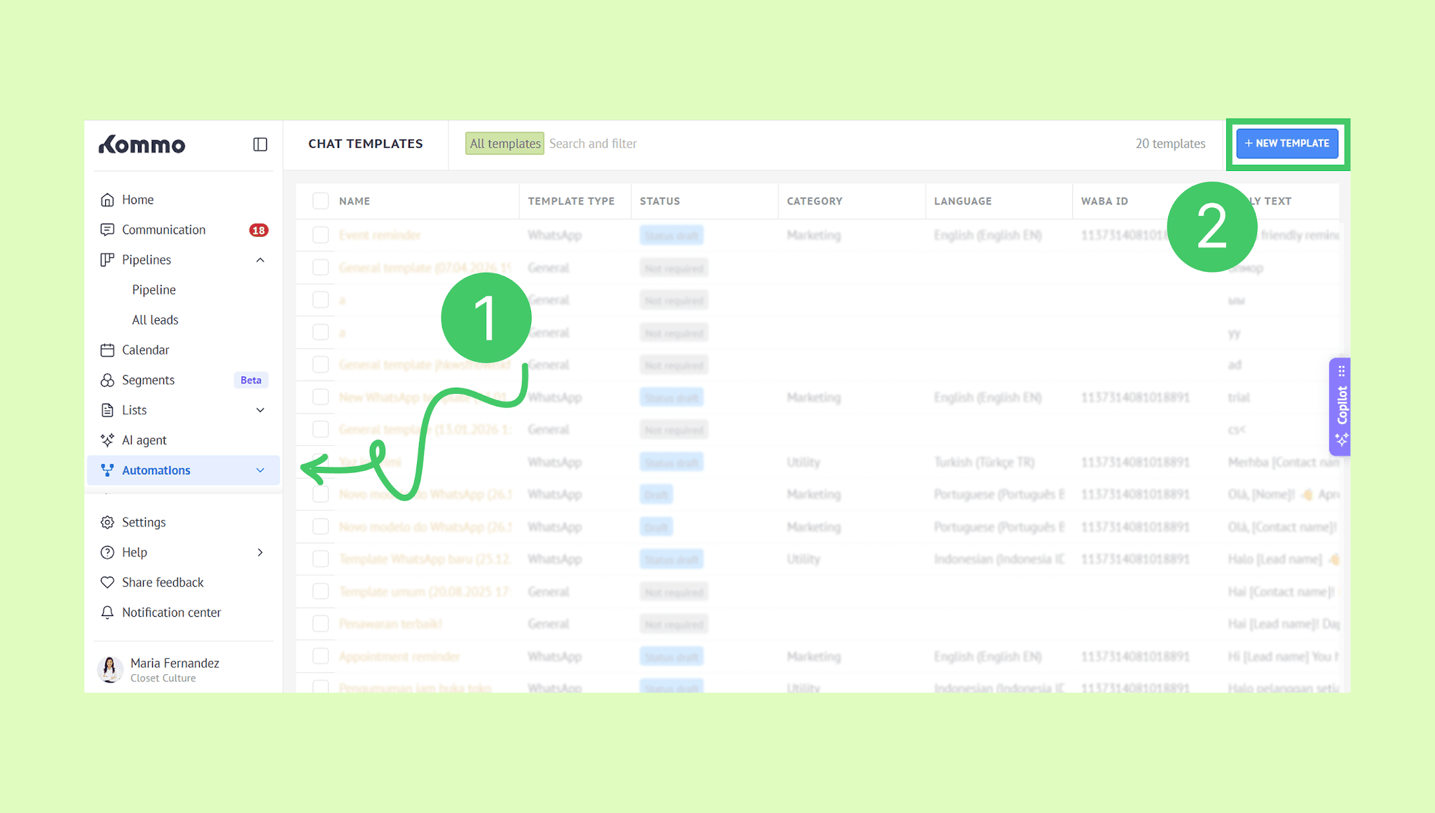 Navigating the automation section in chat templates with highlighted options for creating templates.