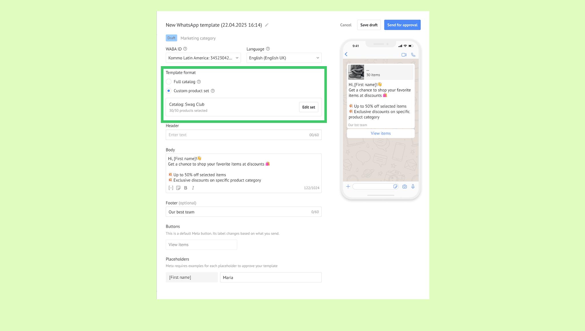 WhatsApp template creation interface showing options for format and discounts.