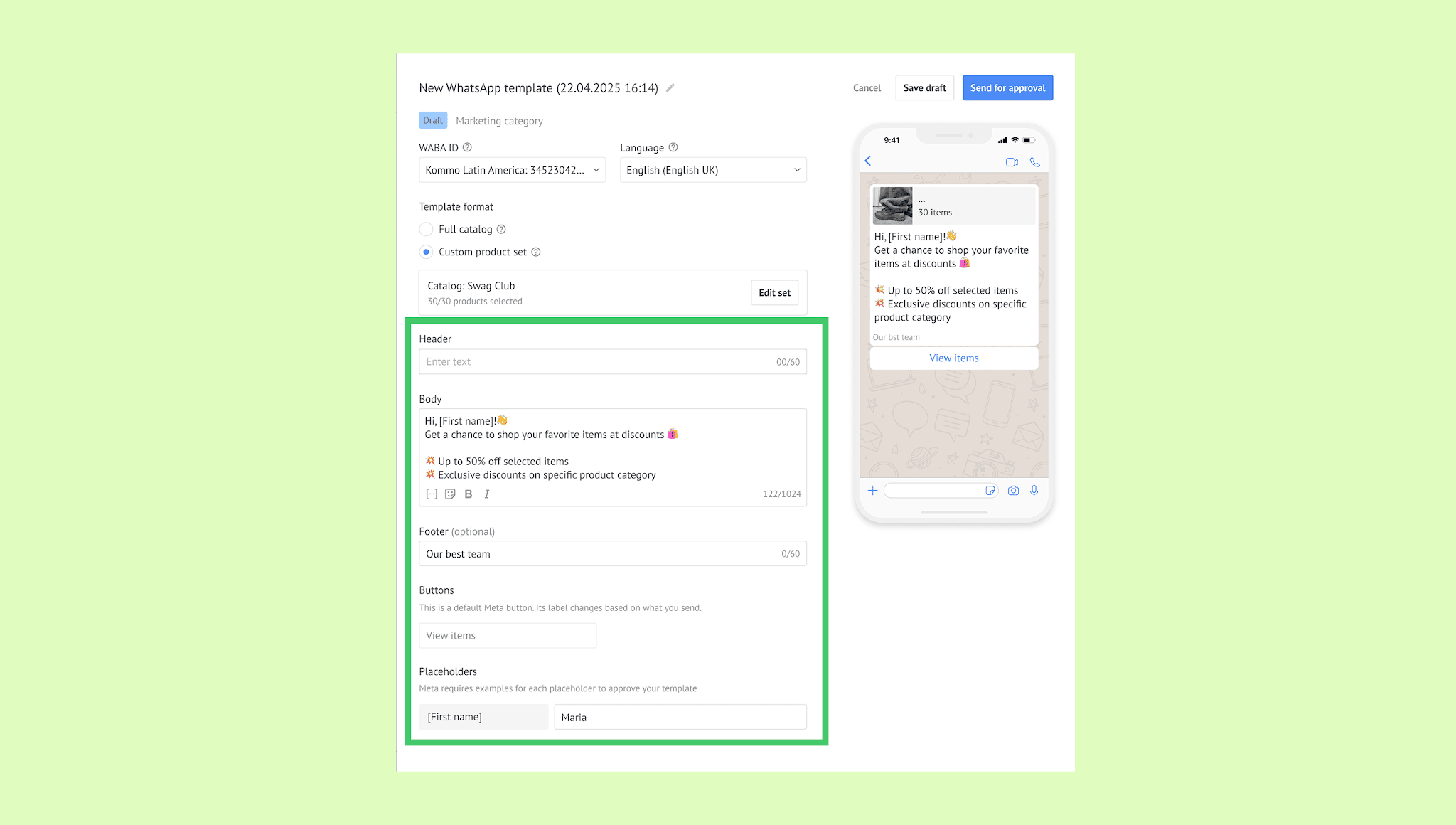 WhatsApp template showcasing discounts and product categories for marketing purposes.