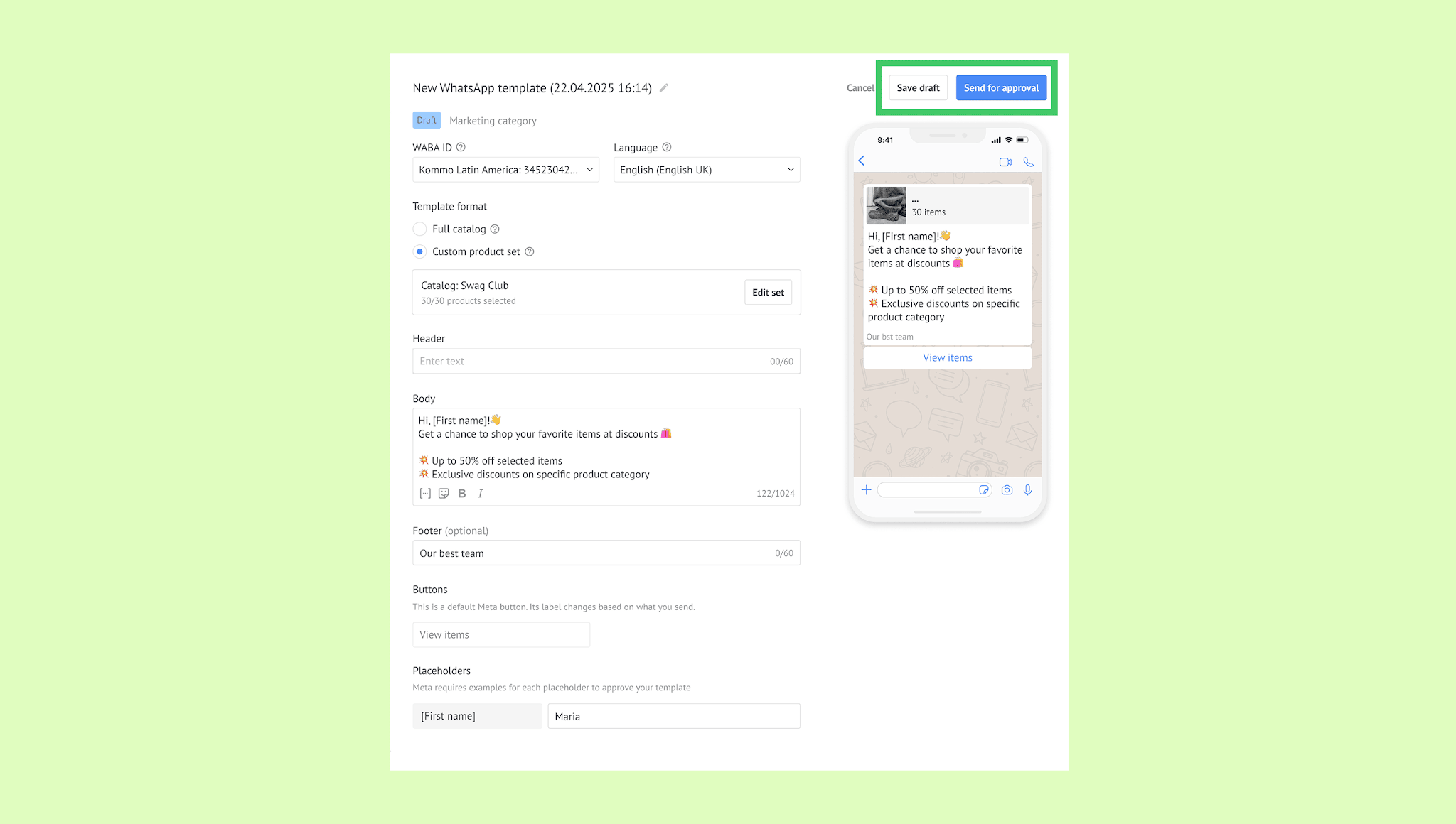 WhatsApp template draft showcasing discounts and product catalog for marketing purposes.