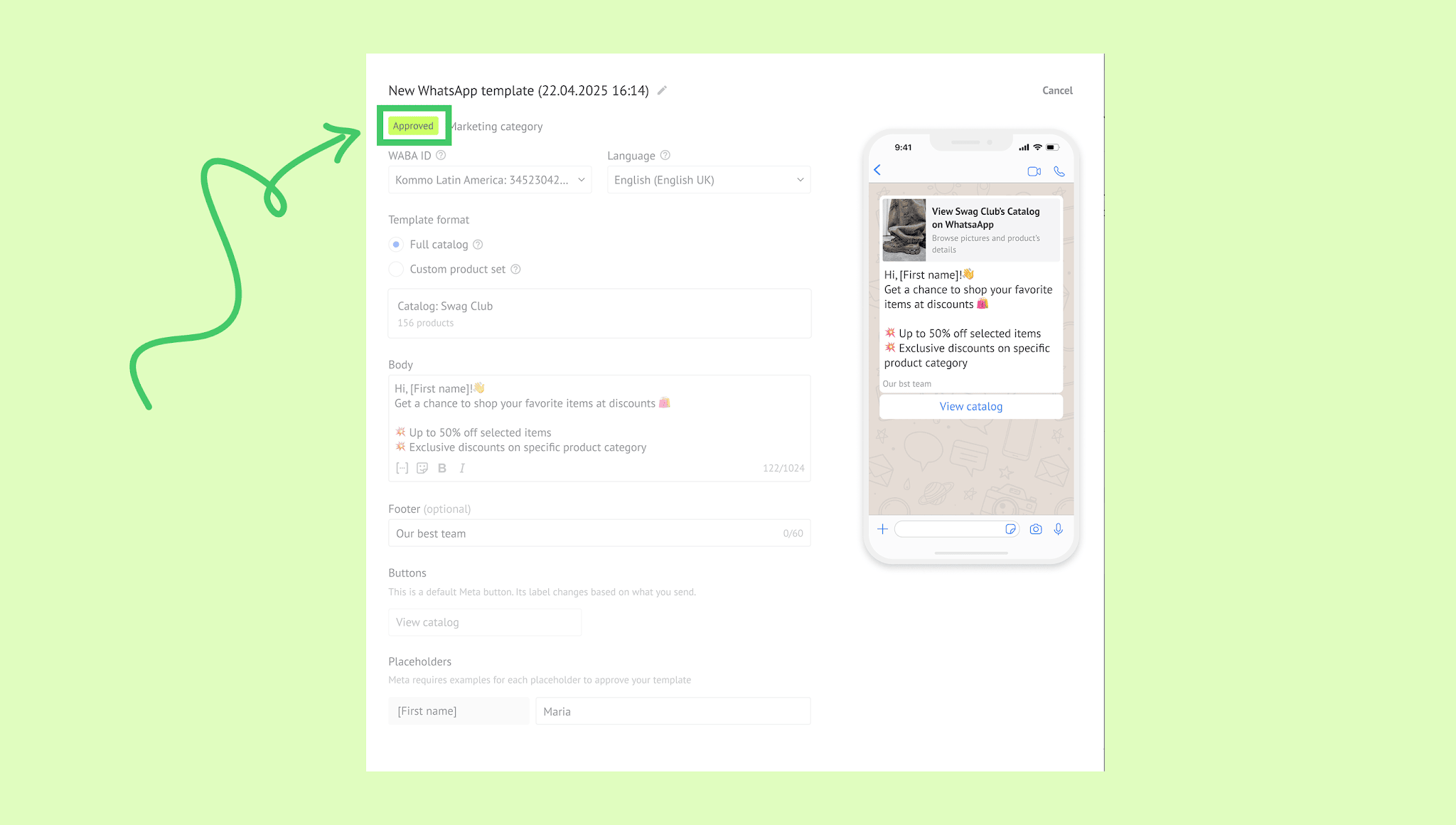 WhatsApp template approval process with highlighted approved status and discount details.