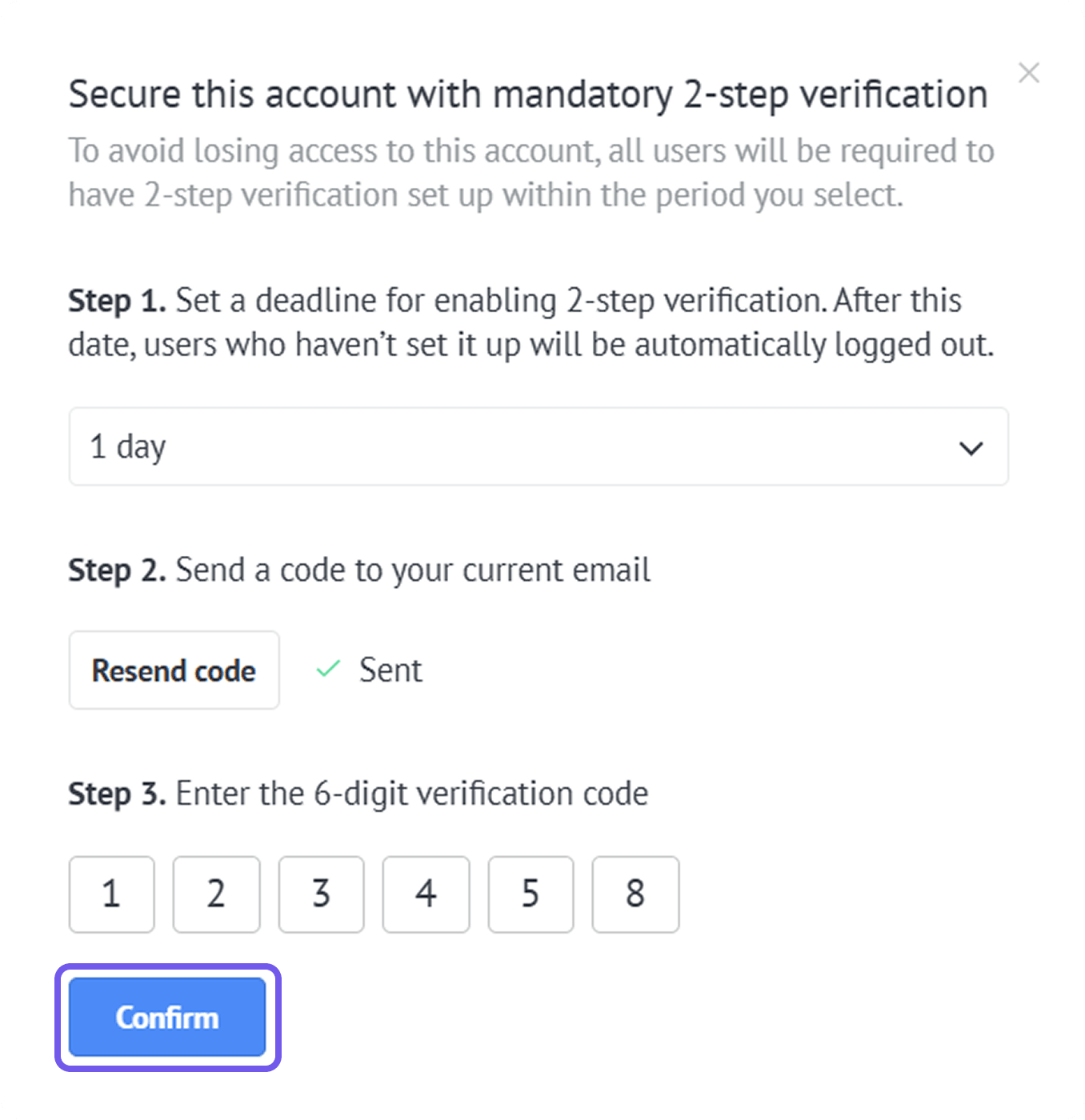 Mandatory two-step verification setup window with a compliance period, email code, and Confirm button.