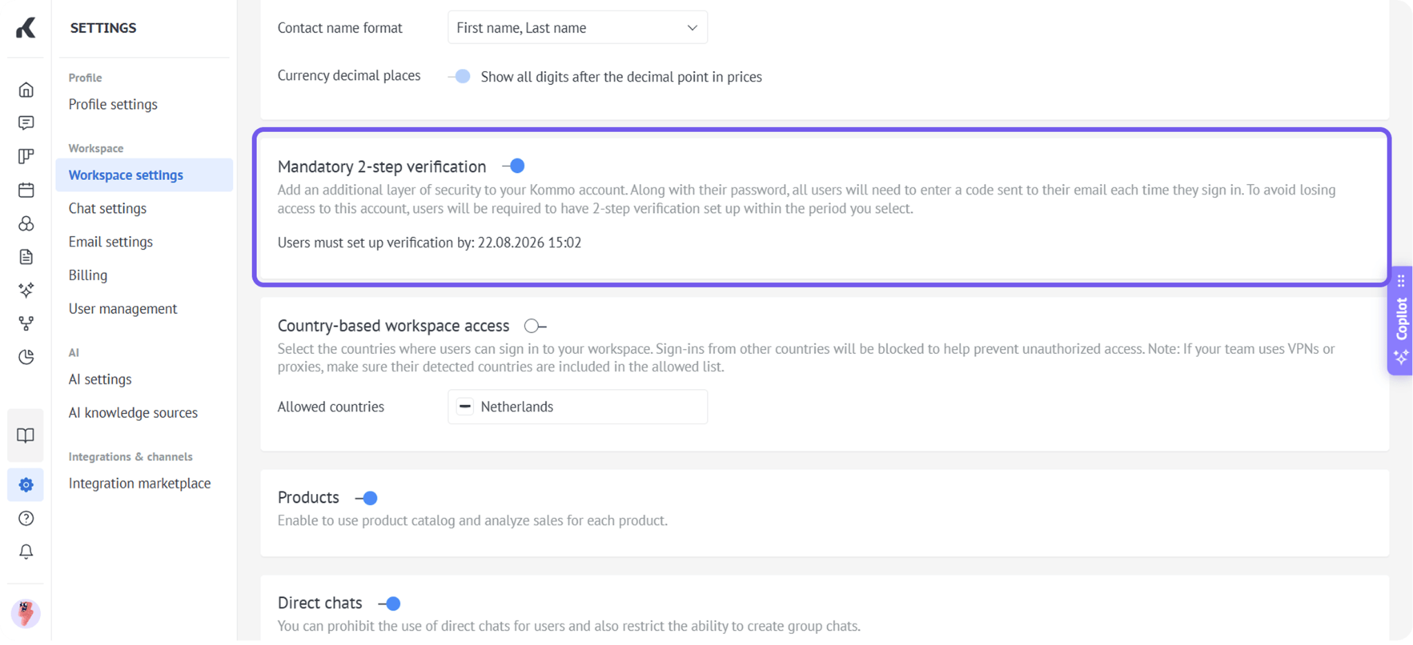 Workspace settings with the Mandatory two-step verification toggle turned on.