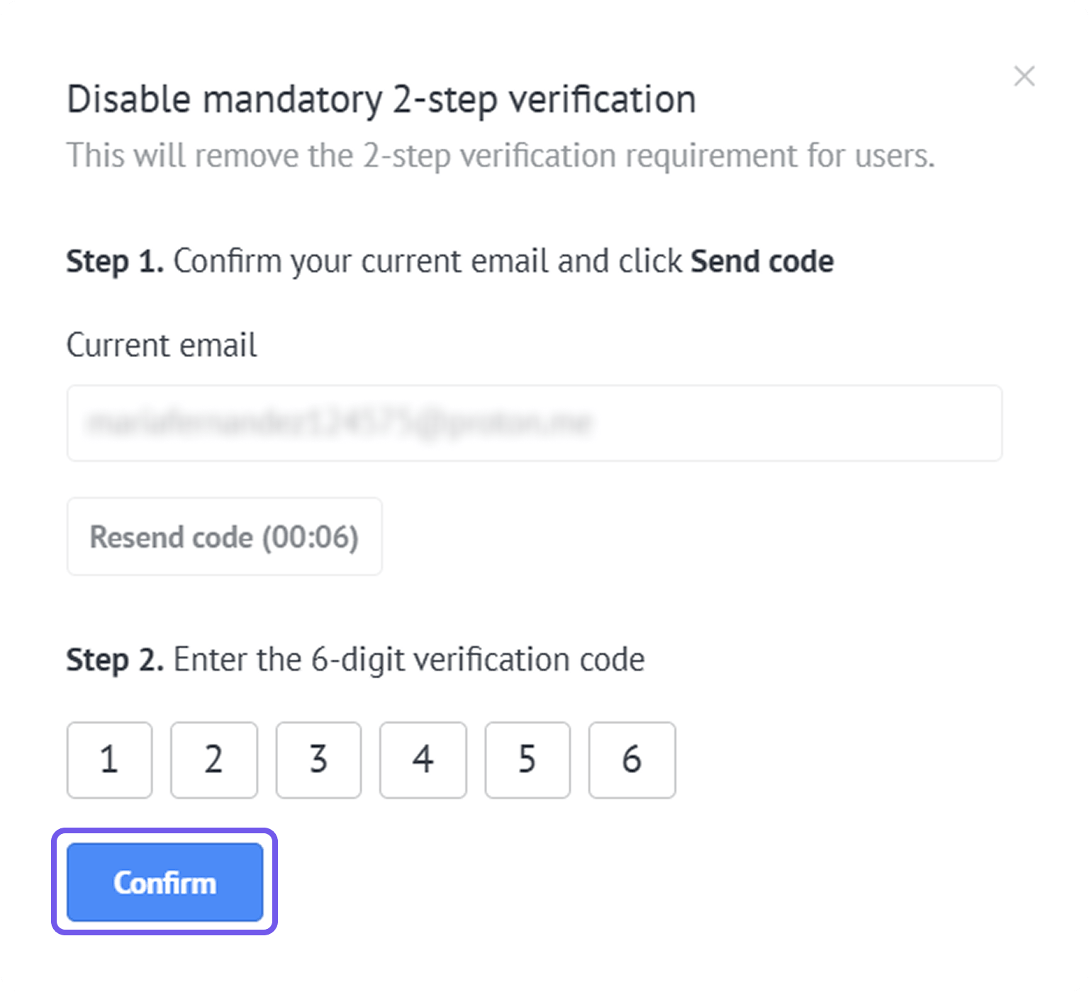 Disable mandatory two-step verification window with an email code and Confirm button.