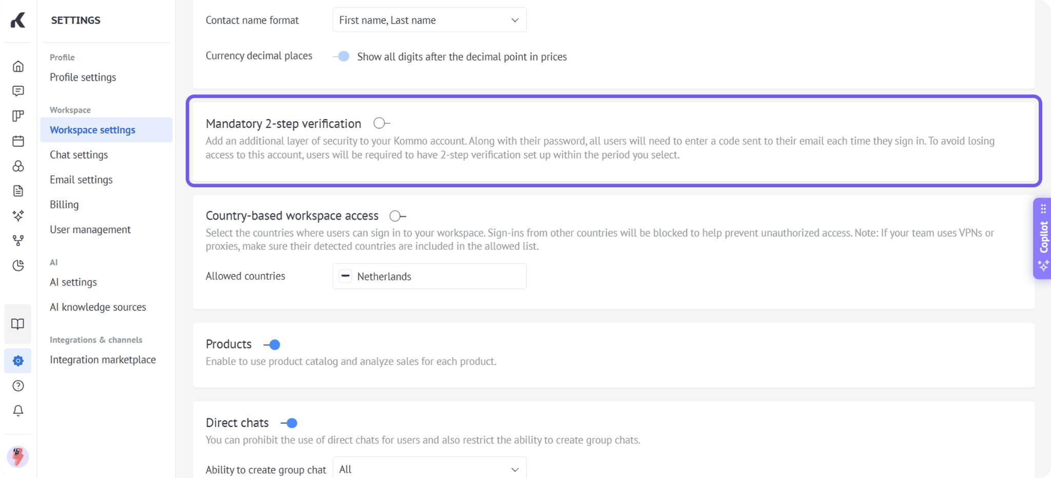 Workspace settings with the Mandatory two-step verification toggle turned off.