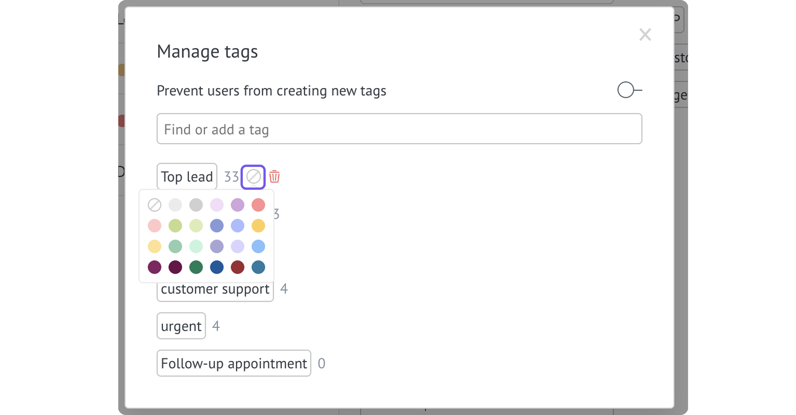 Manage tags interface showing various categories and their respective counts for organization.