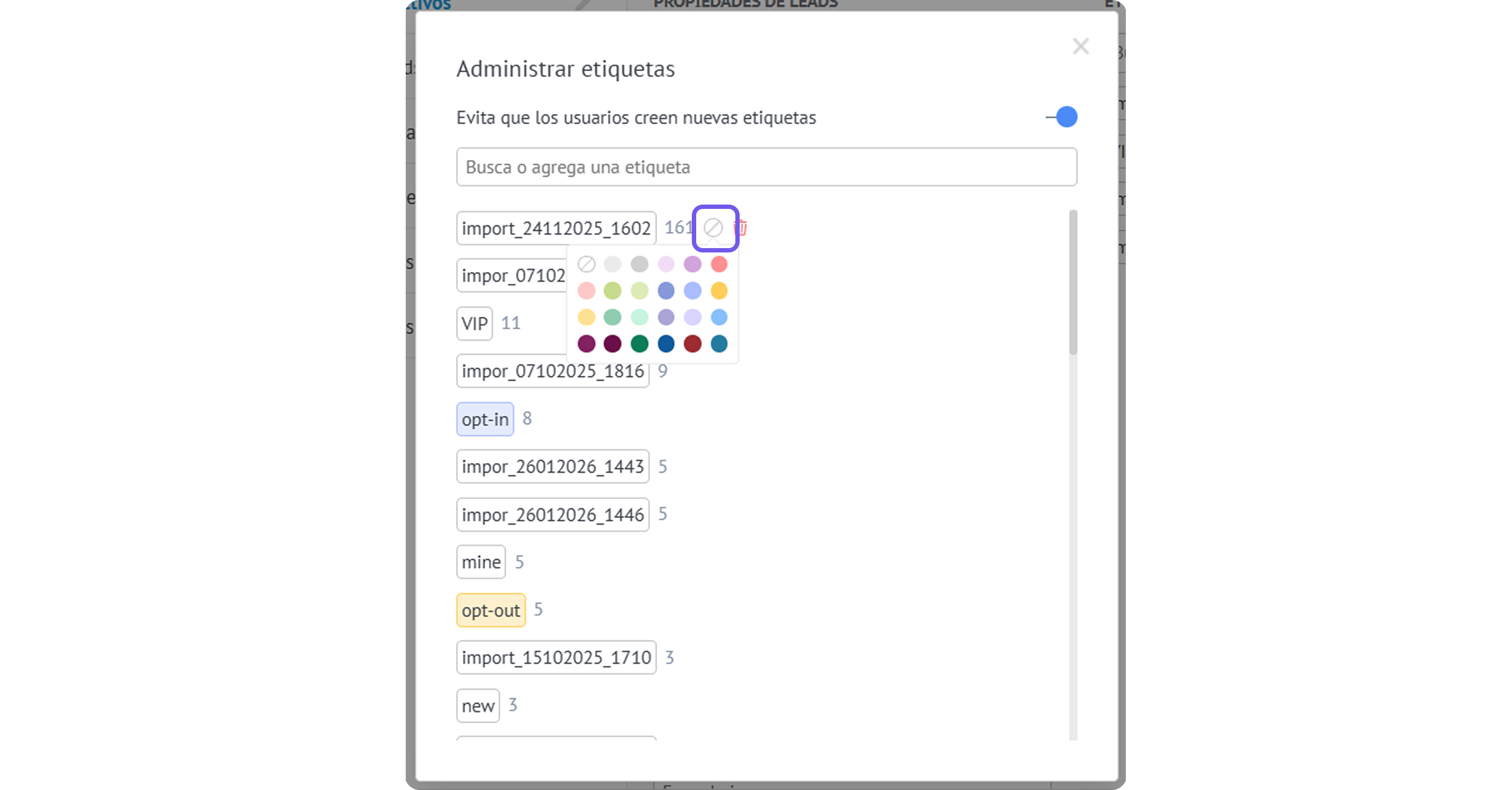Managing labels with options to add, search, and categorize tags effectively.