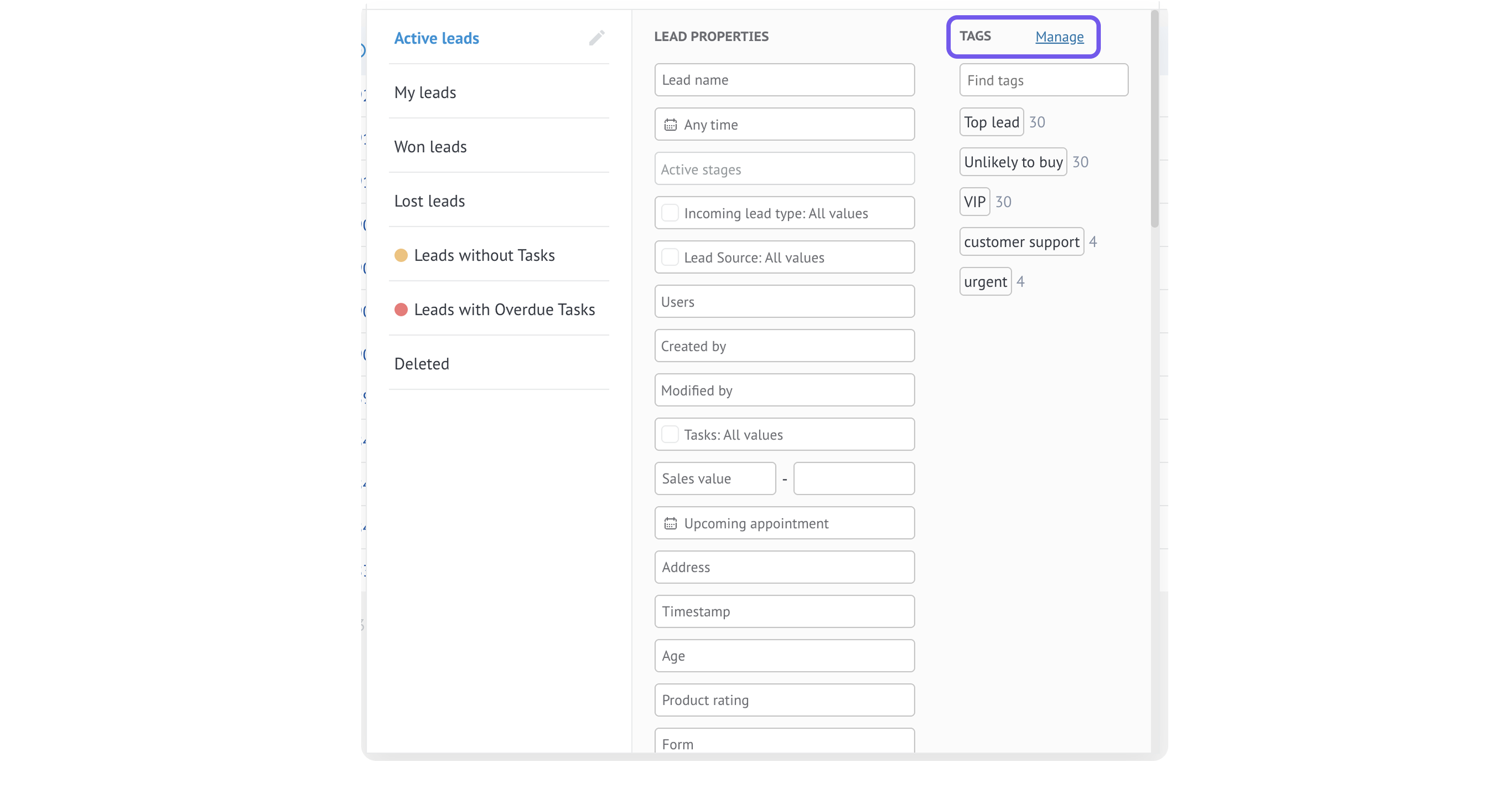 Overview of lead management interface with various lead categories and tagging options.