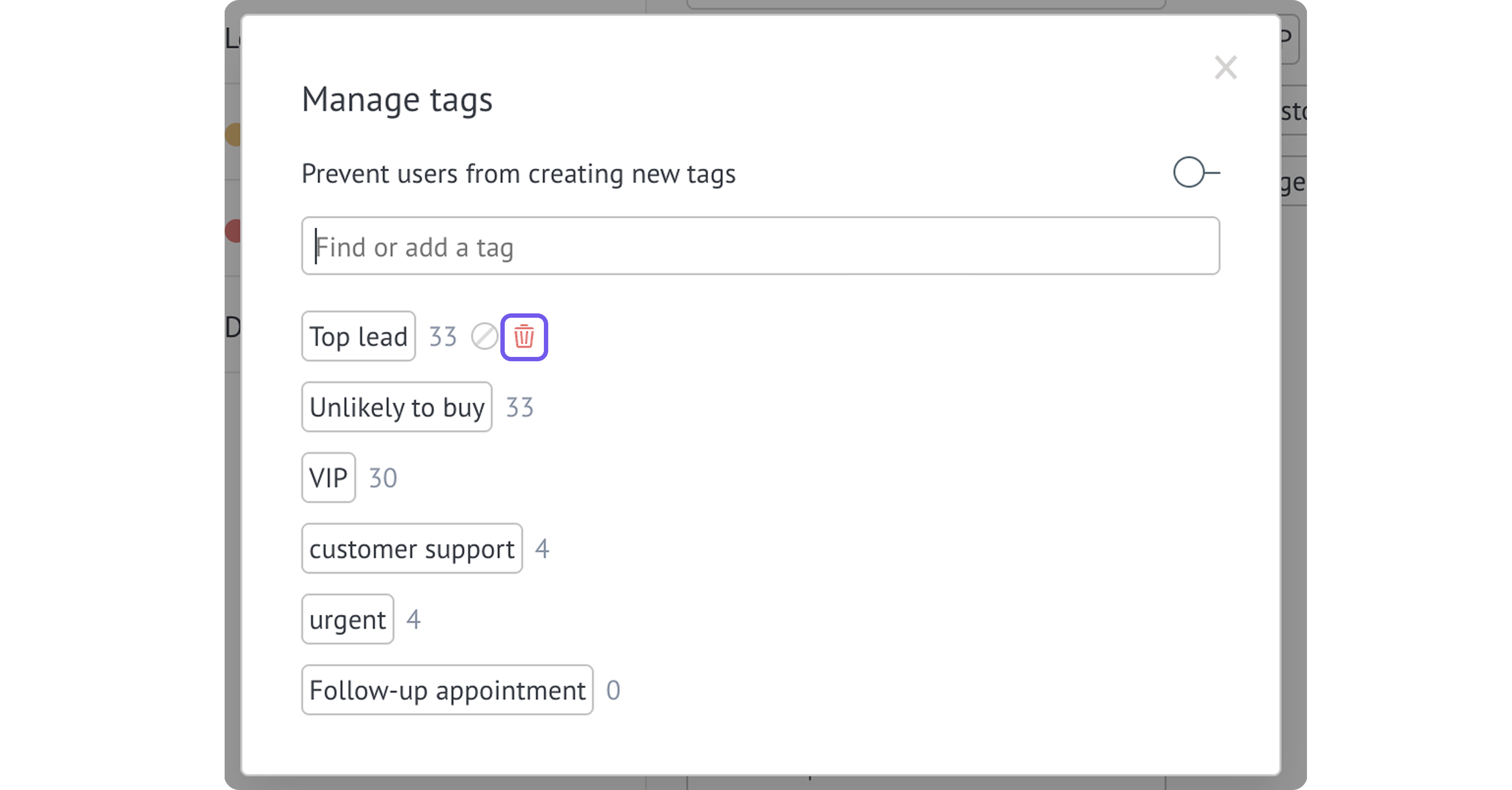 Manage tags interface showing various tag options and their usage counts.
