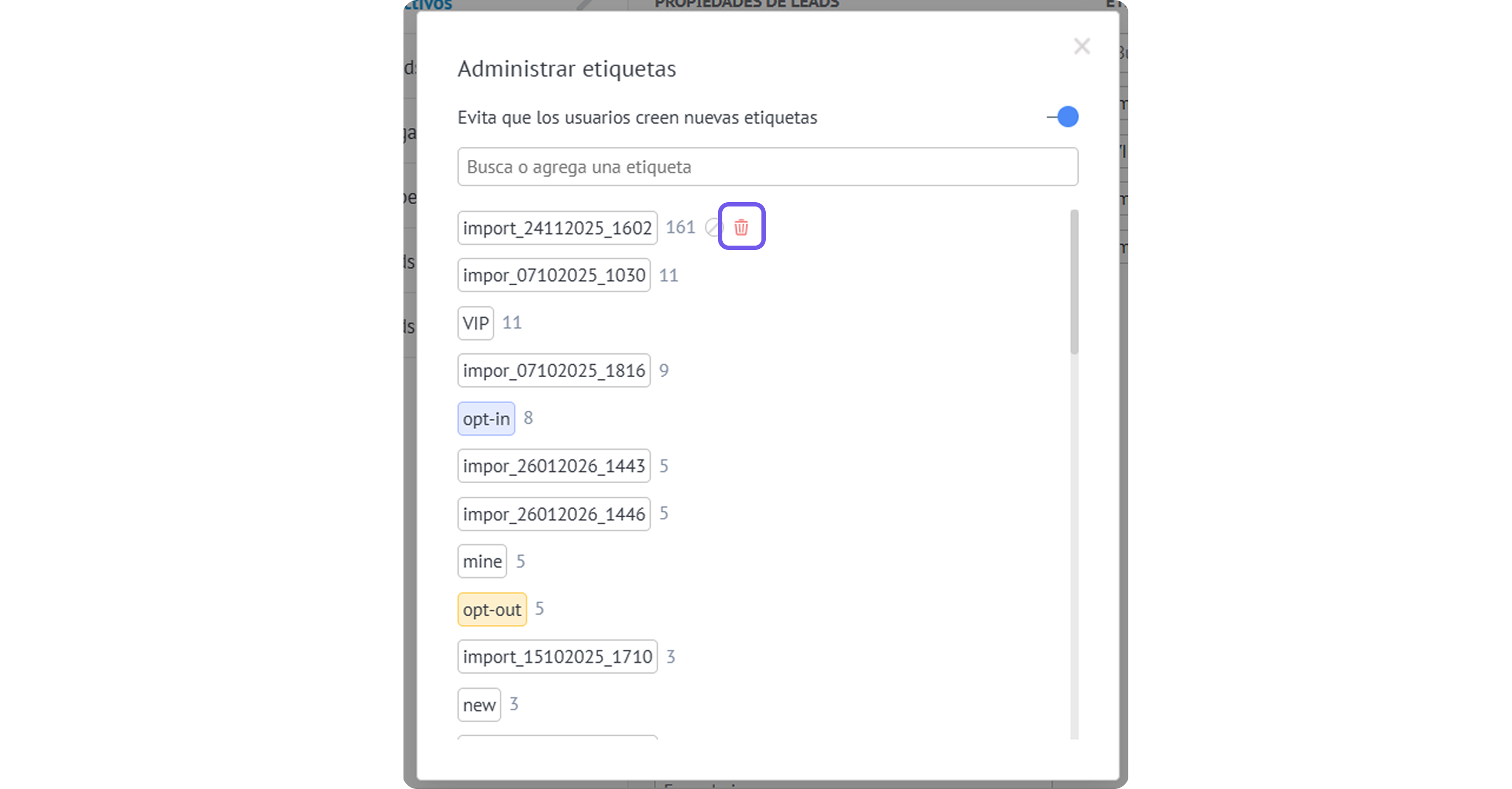 Managing labels with options to add, delete, or search for tags in a list.