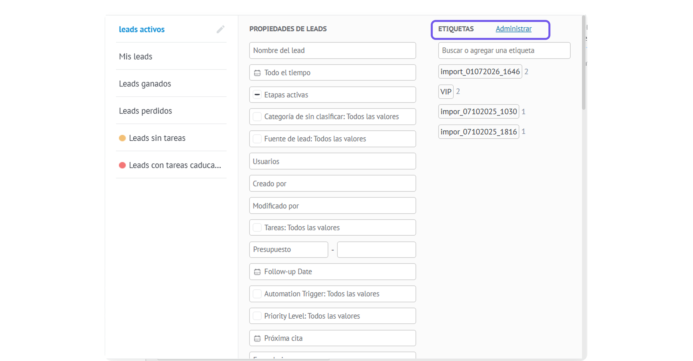 Lead management interface displaying active leads and their properties for organization.