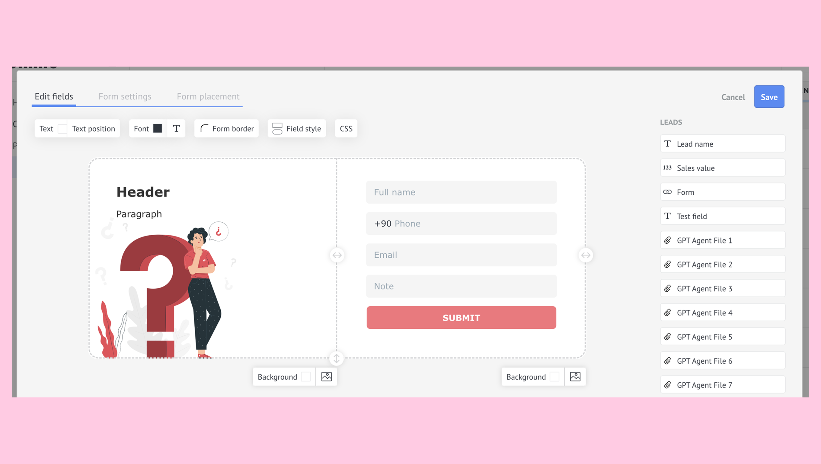 A form layout with fields for name, phone, email, and a submit button.