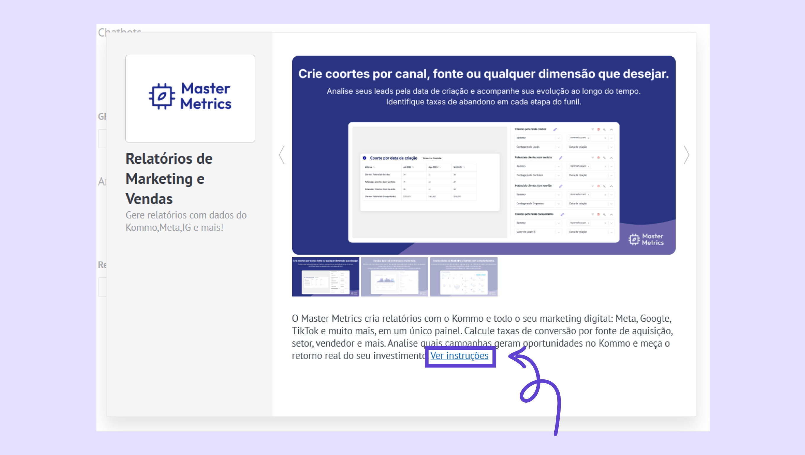 Master Metrics interface showcasing marketing reports and instructions for data analysis.