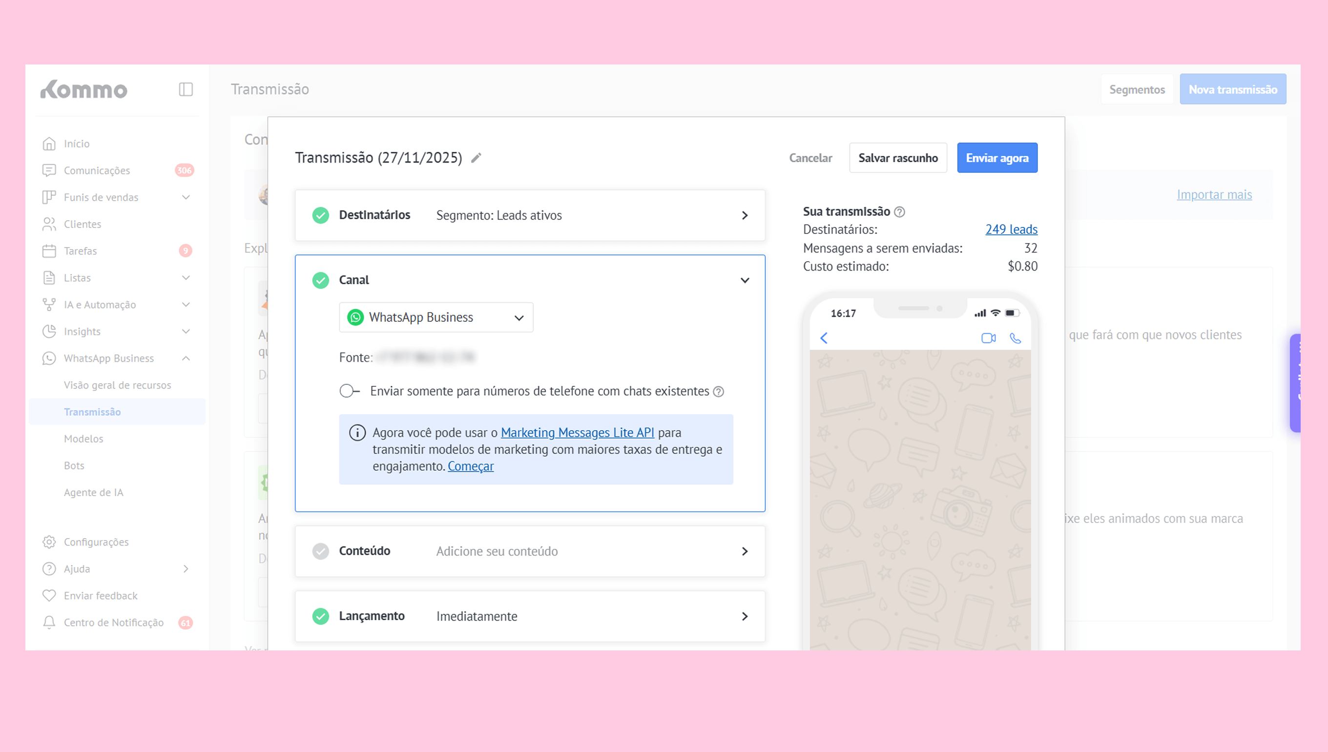 Interface for sending messages via WhatsApp Business with estimated costs and lead details.