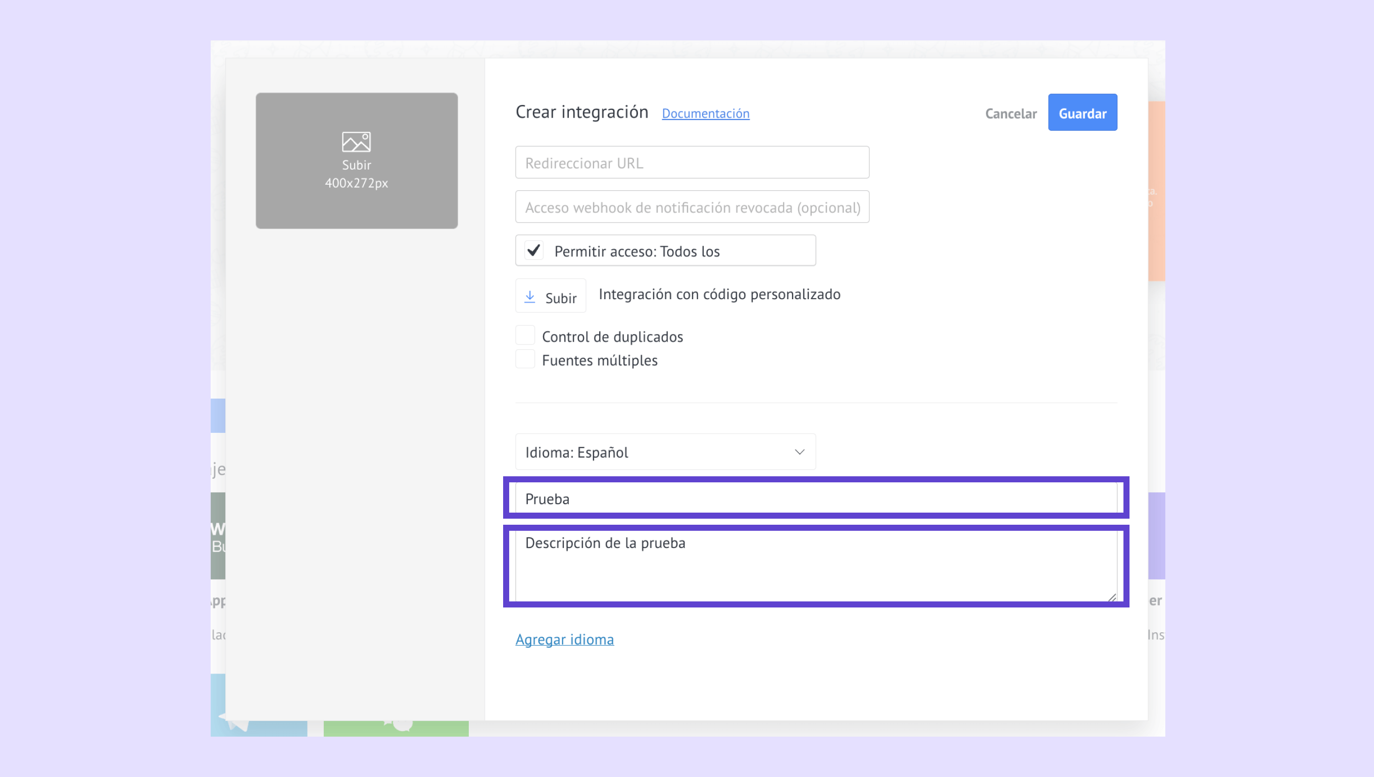 Integration creation form with fields for URL, access permissions, and language settings.