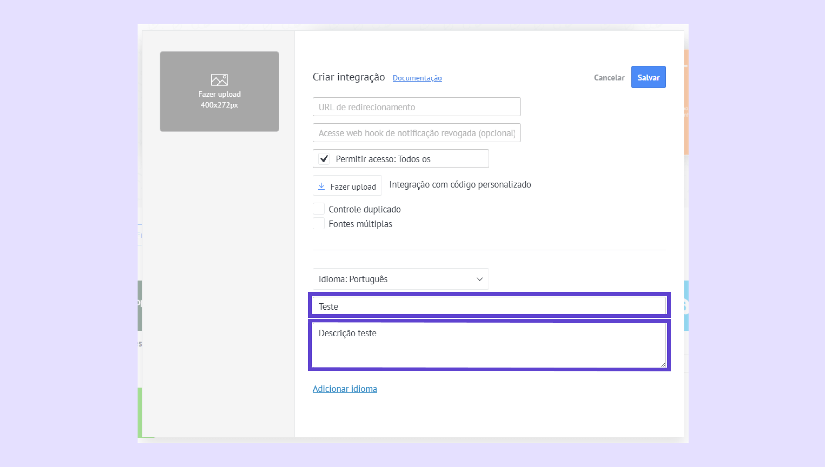 Integration setup form with fields for URL, access permissions, and language selection.