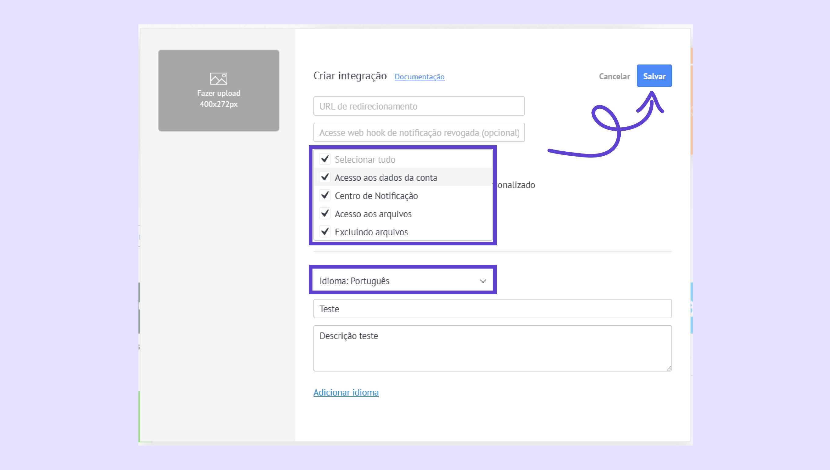 Integration setup screen with highlighted options and save button for user configuration.
