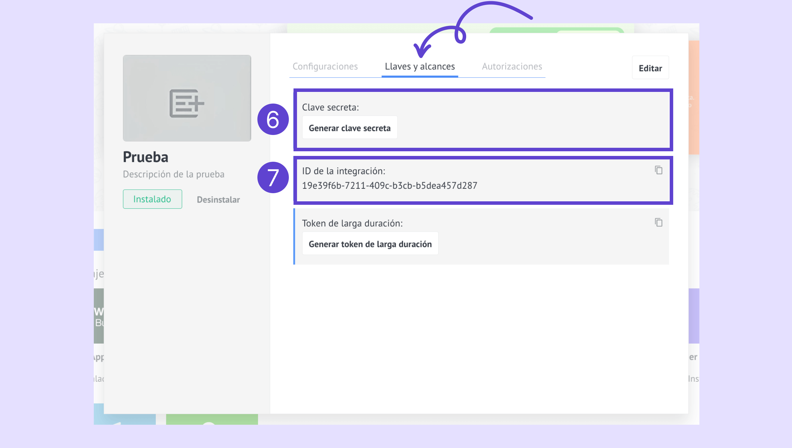 Settings page showing secret key and integration ID for configuration purposes.