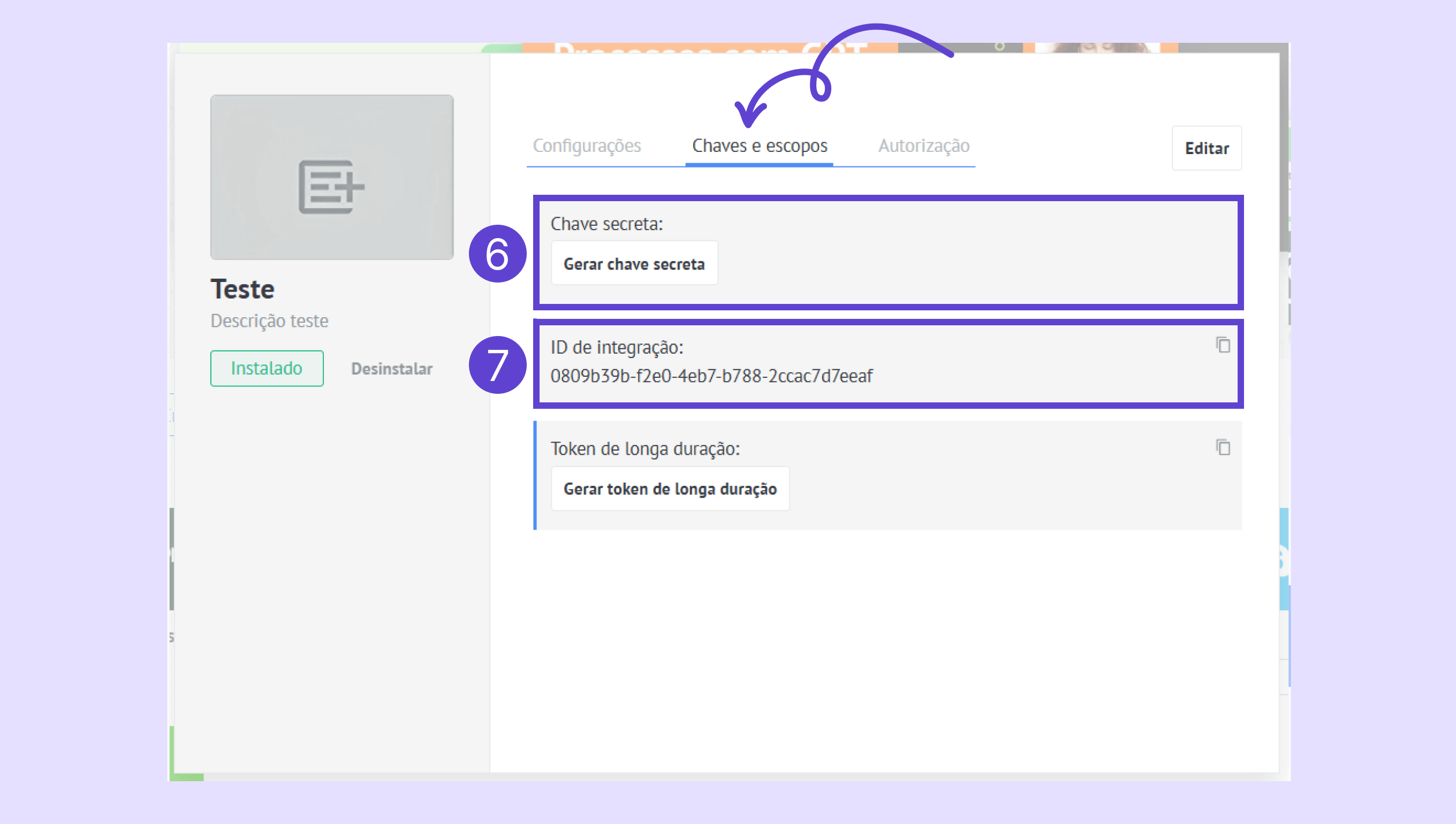 Configuration settings for secret key and integration ID in a user interface.