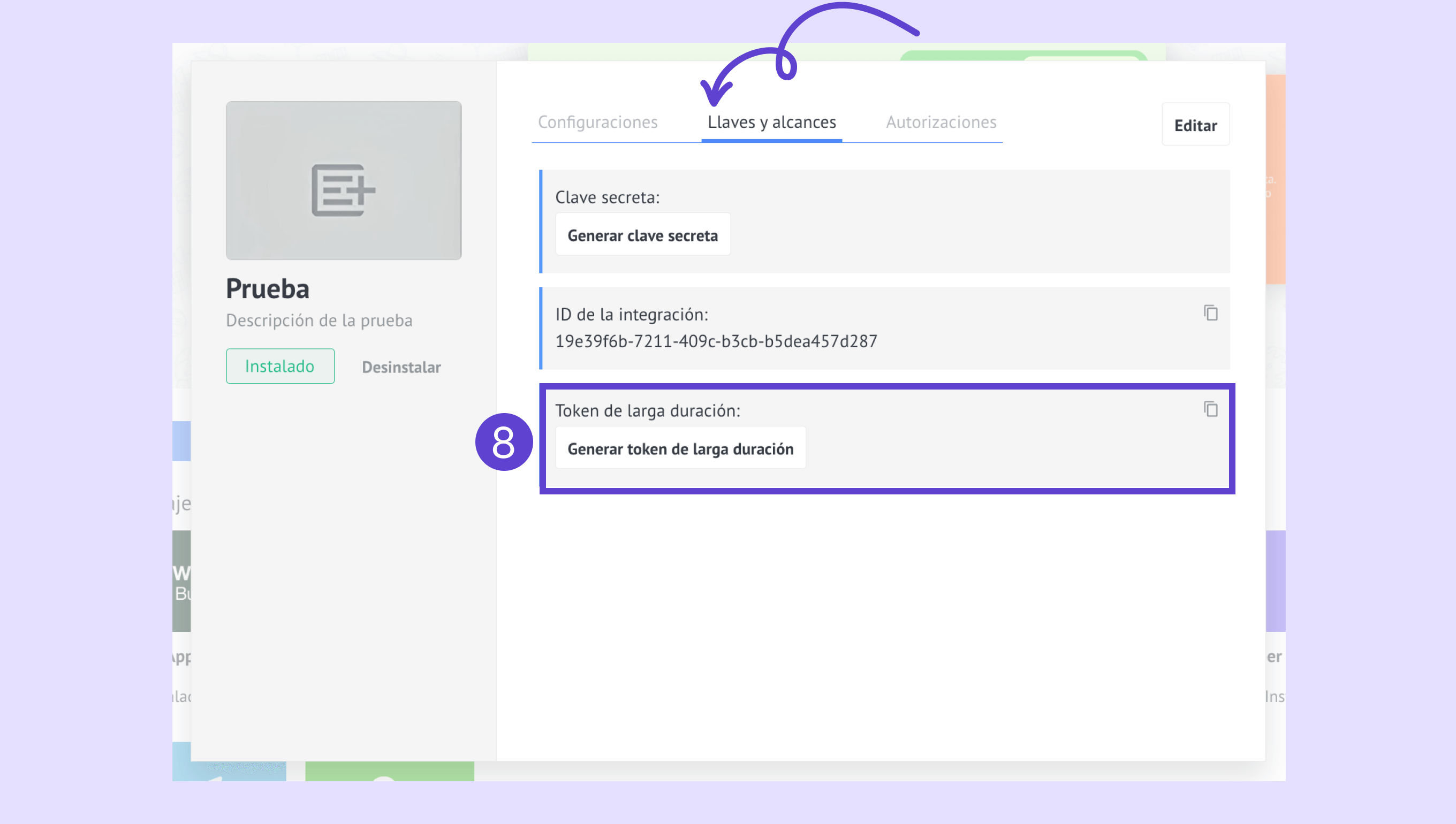 Settings page showing integration ID and option to generate a long-term token.