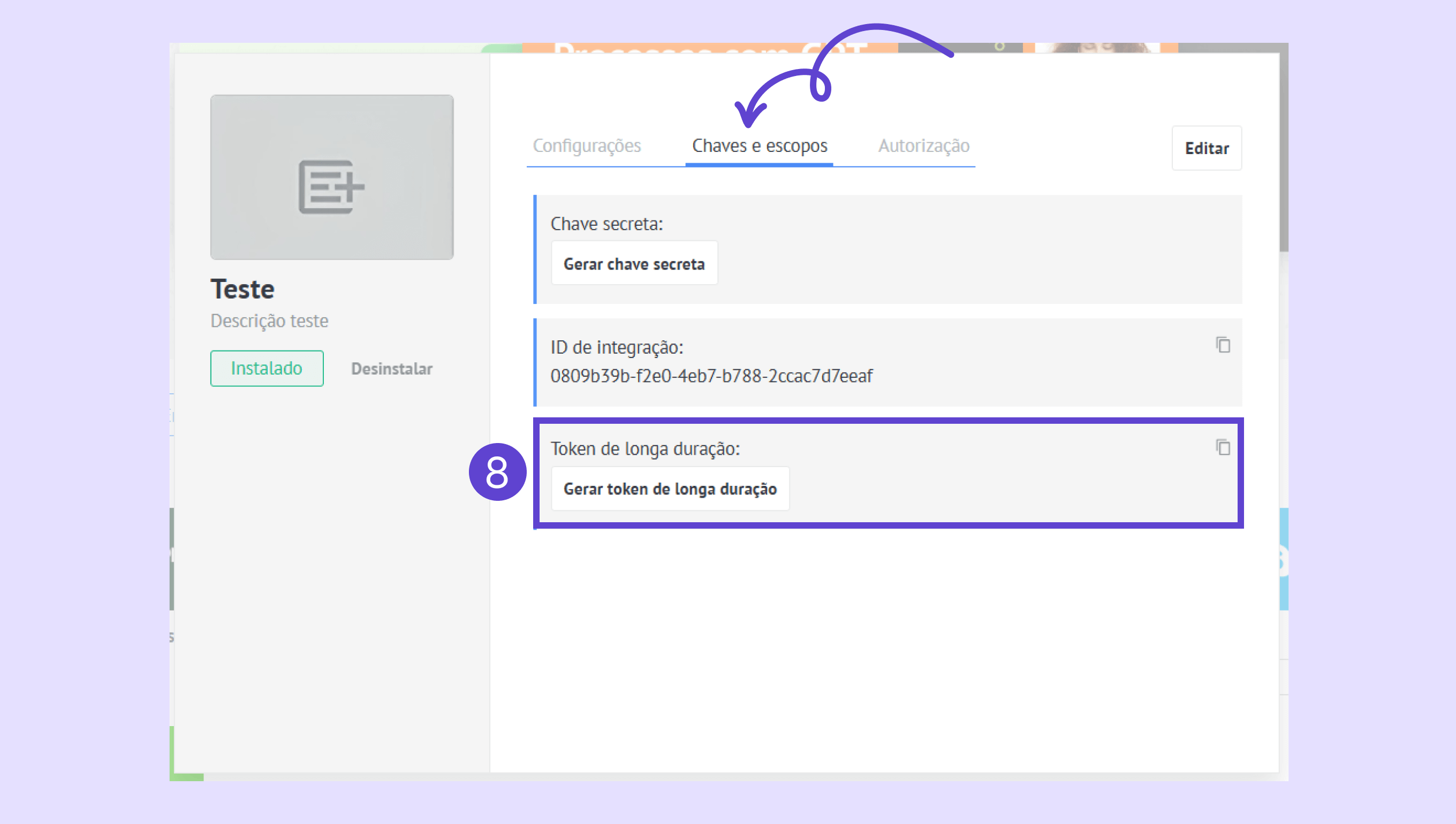 Settings page showing integration ID and option to generate long-term token.