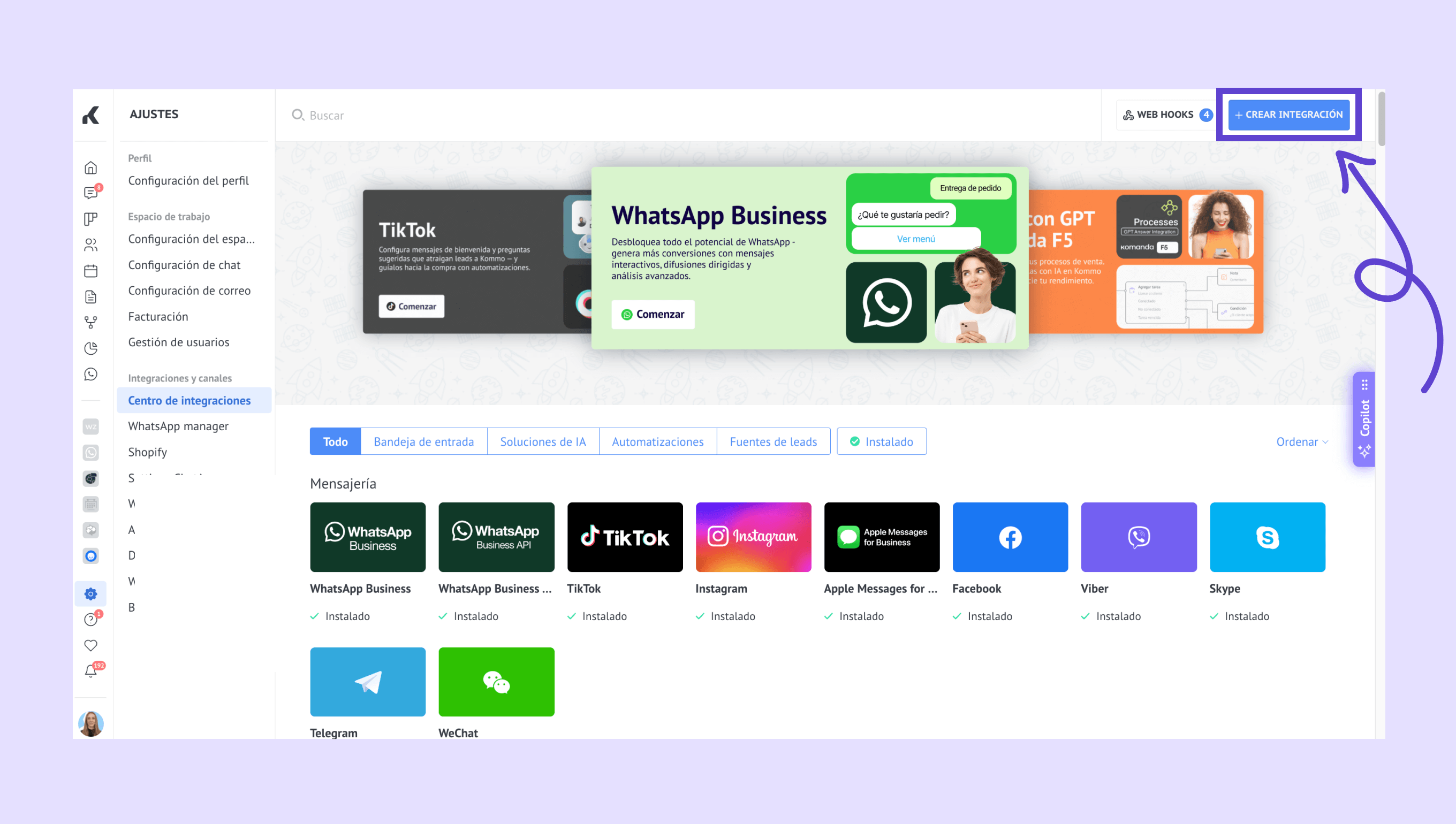 Integration settings page showcasing WhatsApp Business and TikTok options with highlighted button.