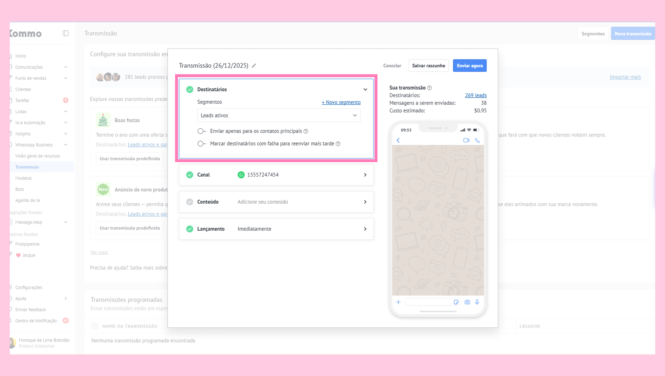Configuration screen for message transmission with highlighted recipient options and WhatsApp preview.