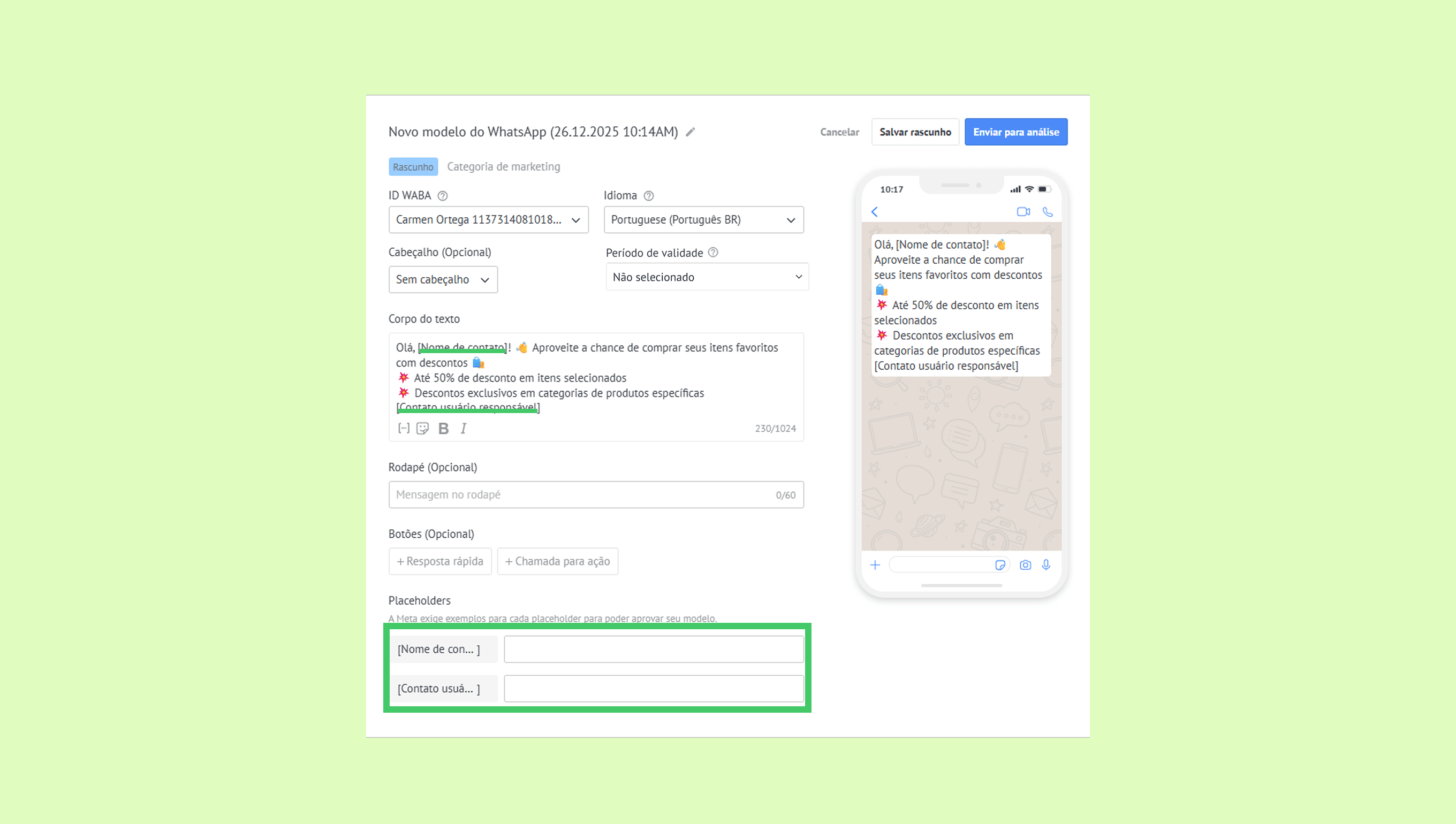 WhatsApp message template showcasing discounts and placeholders for user information.